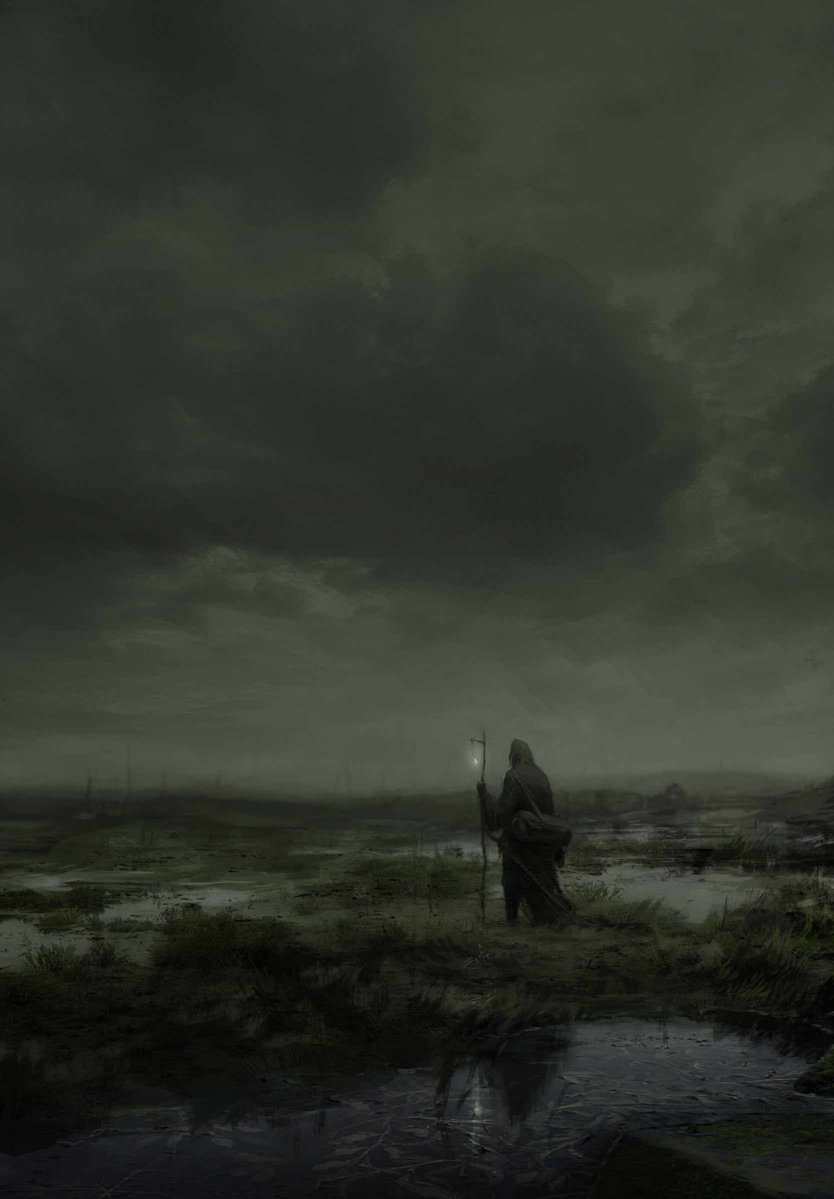 gloomy, dark, mantle, wanderer, art, loneliness, fog High Definition image