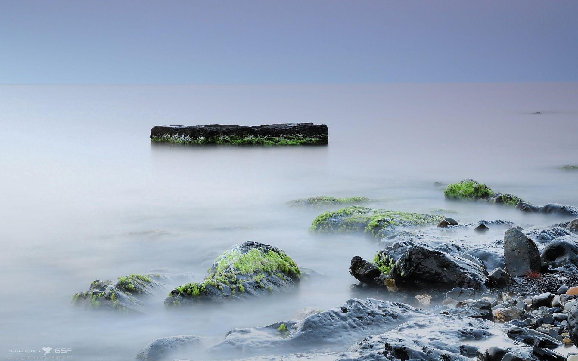 surface, wet, nature, stones, rocks, bank, shore, fog, smooth, silence, moss, shroud, lump, signature Smartphone Background
