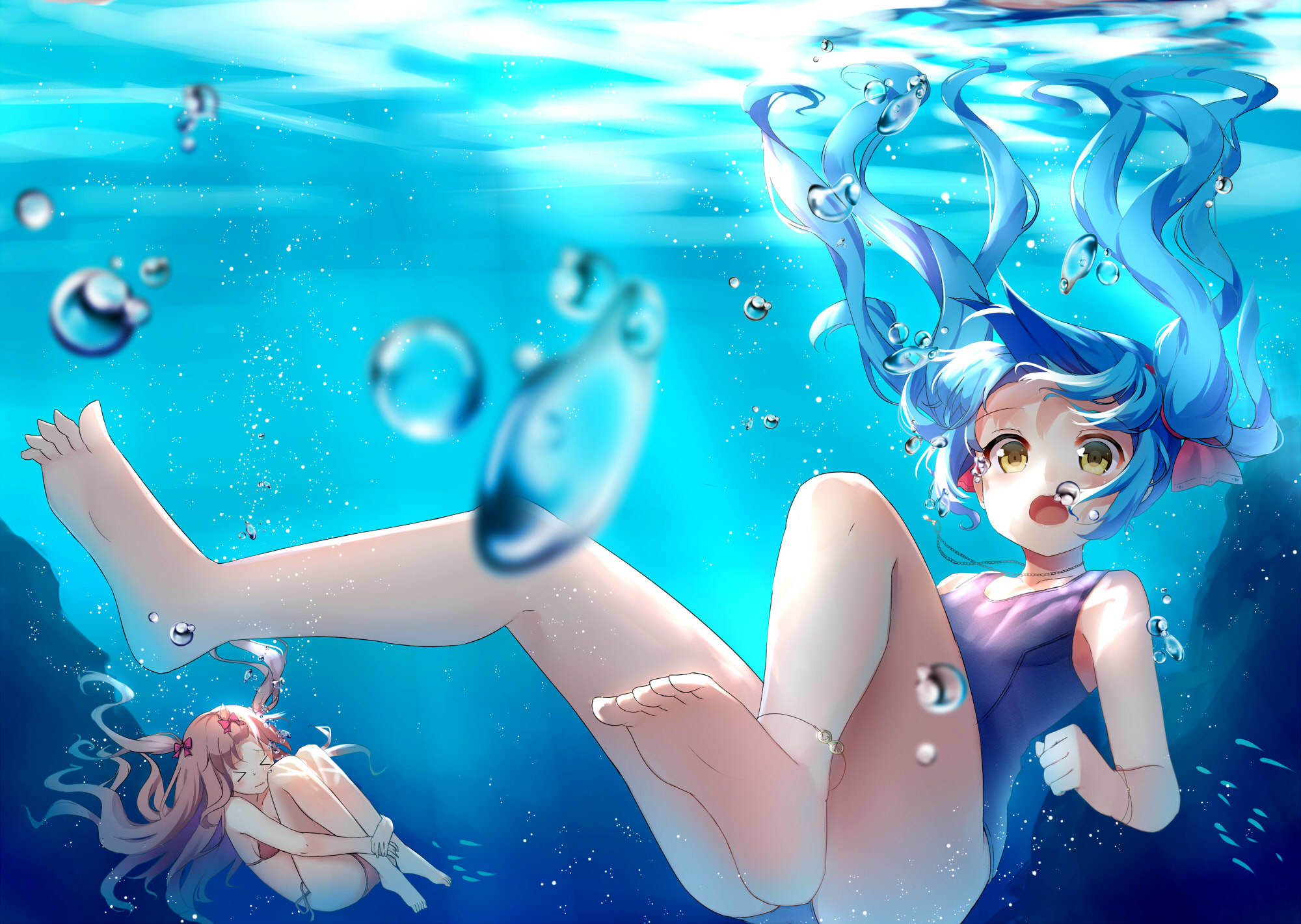 anime, vocaloid, blue hair, bubble, hatsune miku, long hair, swimsuit, underwater, yellow eyes