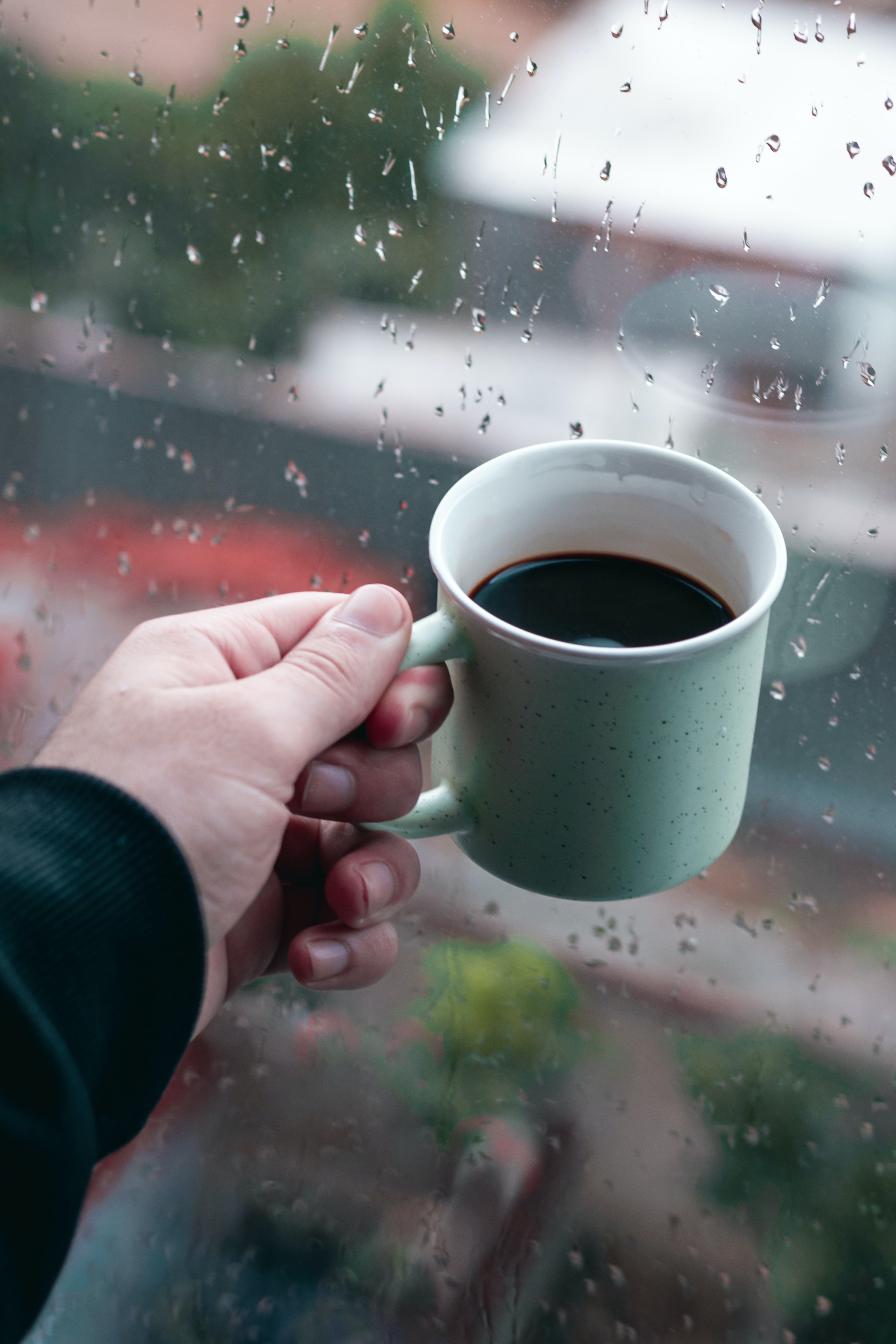 Download mobile wallpaper Cup, Miscellanea, Miscellaneous, Window, Mug, Hand, Coffee, Rain for free.