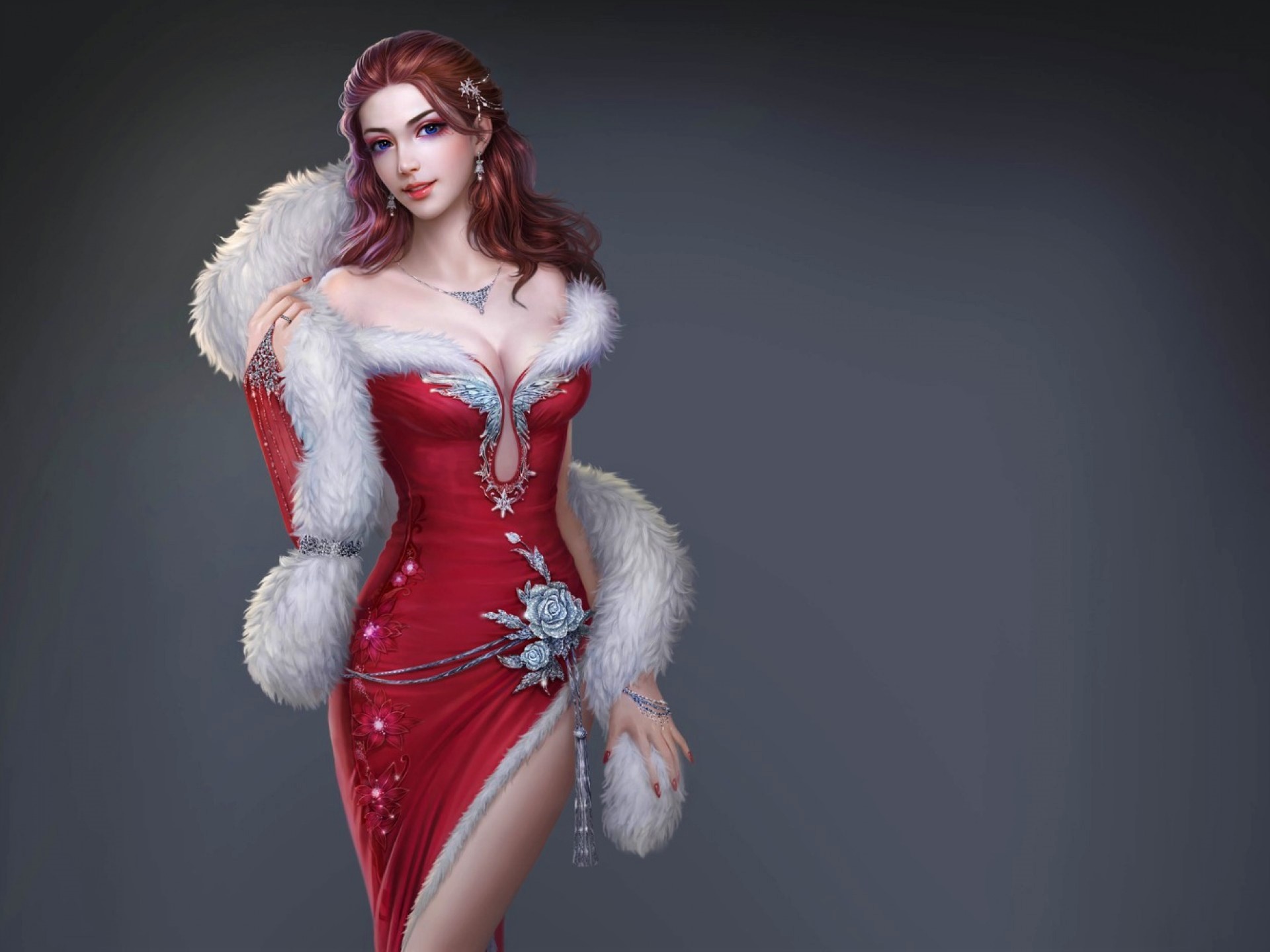 red dress, fantasy, women, fur