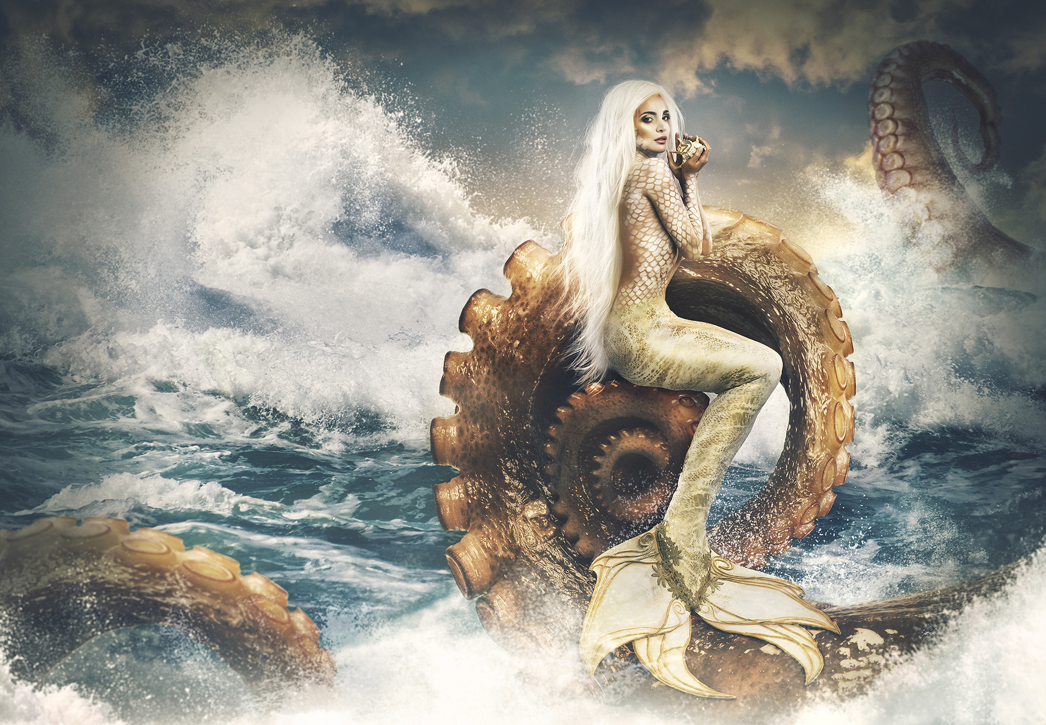 mermaid, octopus, fantasy, manipulation, model, white hair HD wallpaper