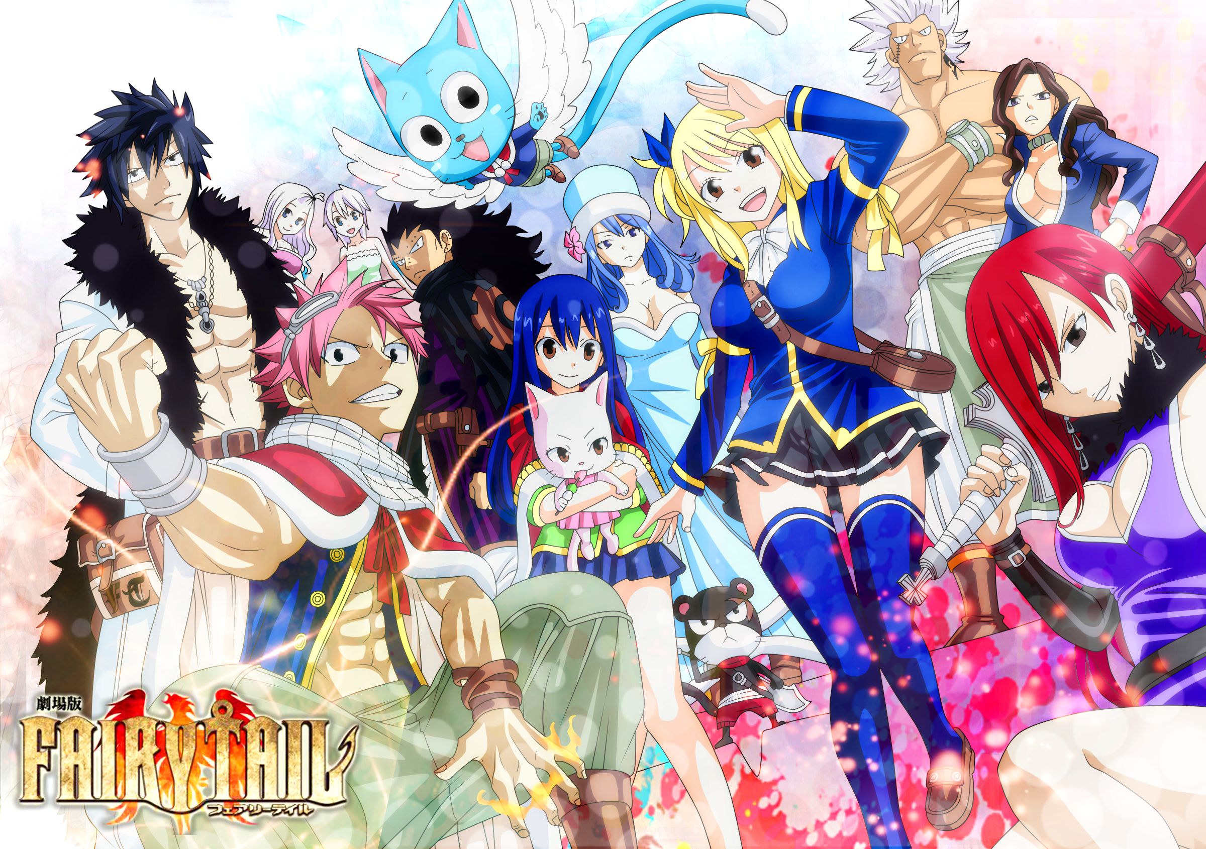 anime, fairy tail, cana alberona, charles (fairy tail), collar, earrings, elfman strauss, erza scarlet, gajeel redfox, gray fullbuster, happy (fairy tail), hat, juvia lockser, lisanna strauss, lucy heartfilia, mirajane strauss, natsu dragneel, panther lily (fairy tail), skirt, smile, sword, thigh highs, weapon, wendy marvell phone wallpaper