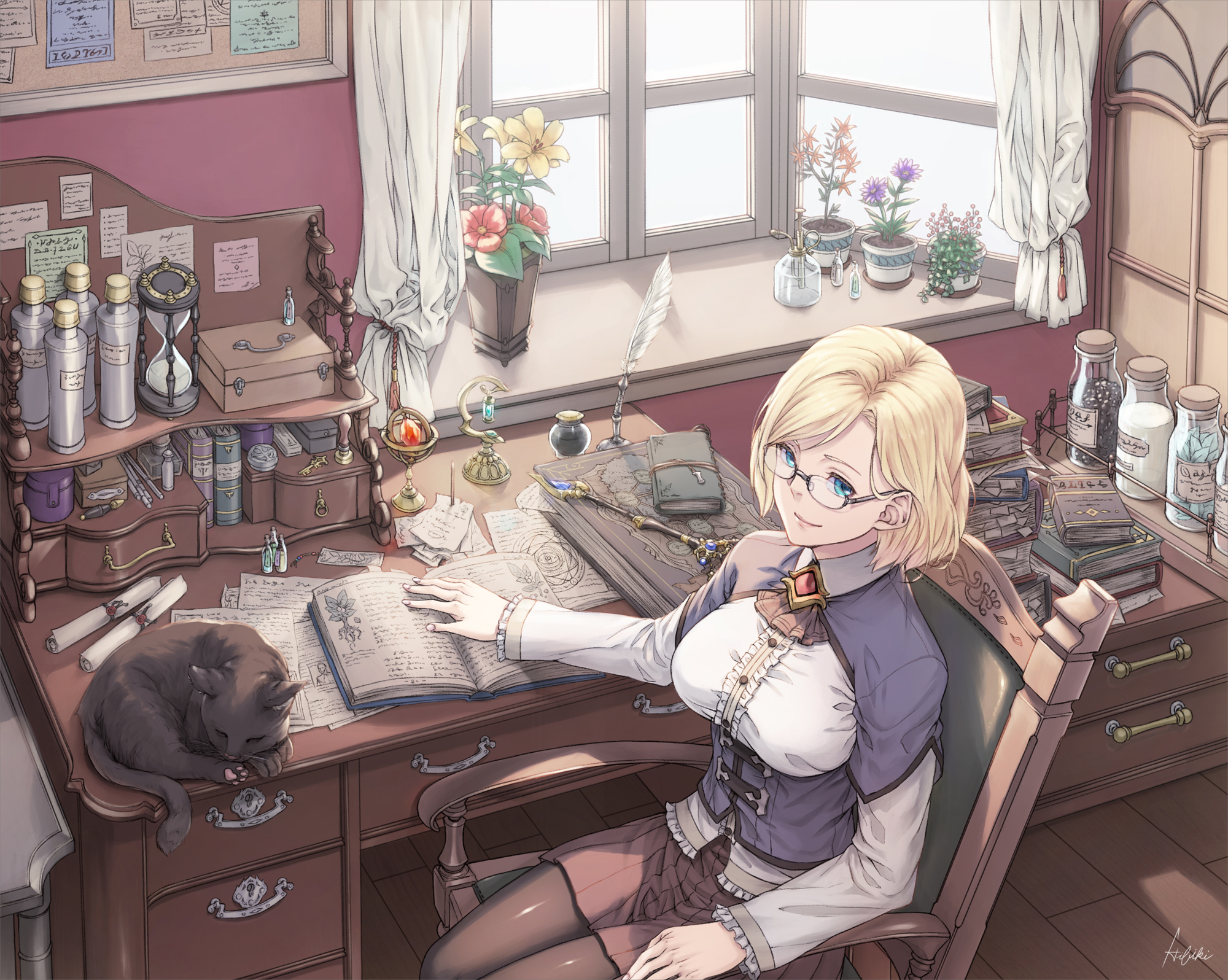 Девушка с книгой и кошкой арт
