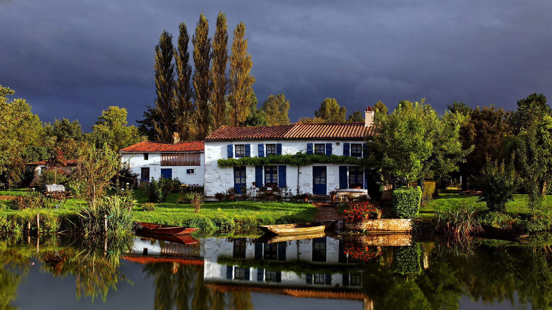 landscape, lake, bush, grass, old, man made, house, boat, building, garden, mansion, photography, reflection, sky, tree, water