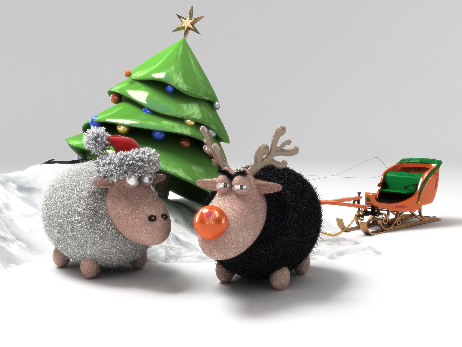 558671 скачать картинку 3d, праздничные, рождество, рождественская елка, овца, сани - обои и заставки бесплатно