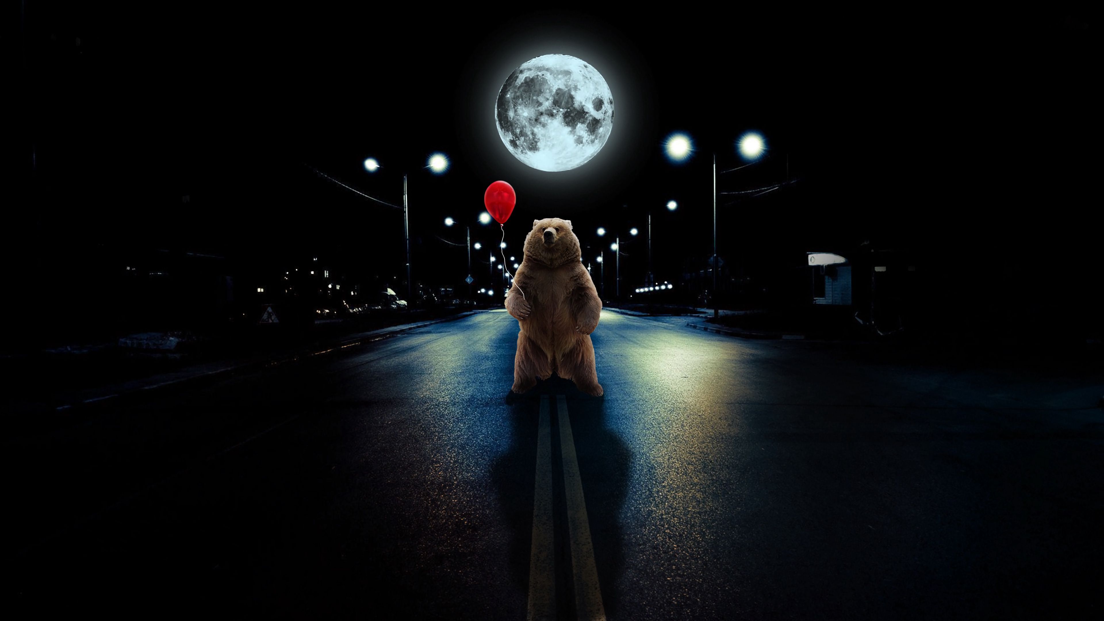 bear, full moon, photoshop, art, road, balloon Full HD