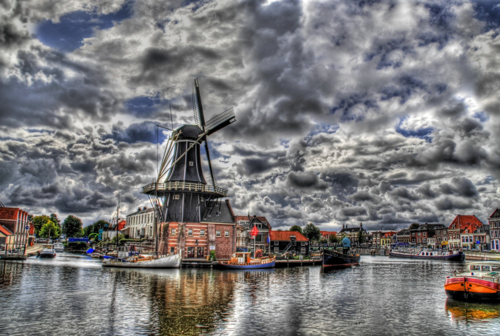man made, amsterdam, canal, cloud, hdr, mill, netherlands