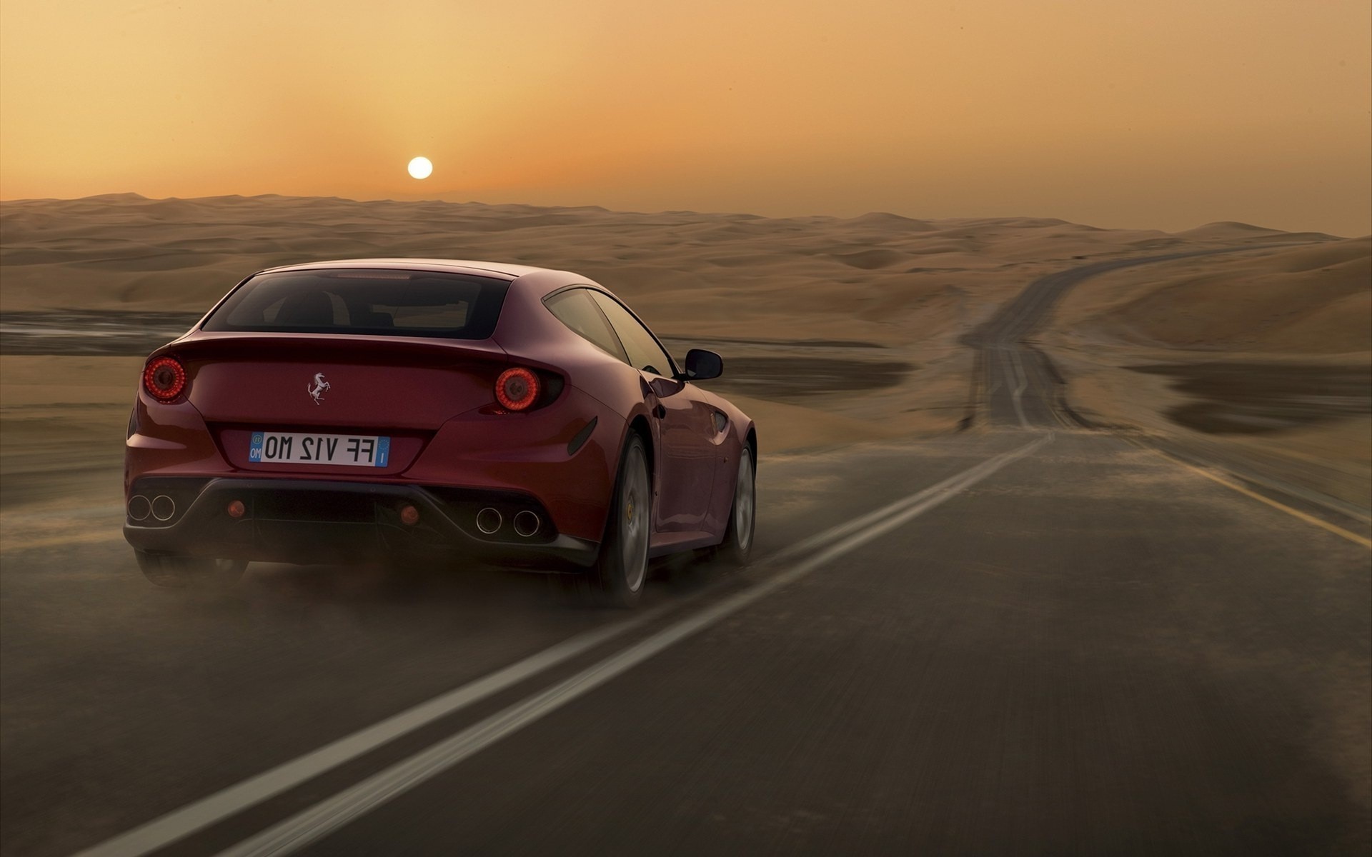Download mobile wallpaper Sunset, Transport, Desert, Landscape, Auto, Roads, Ferrari for free.