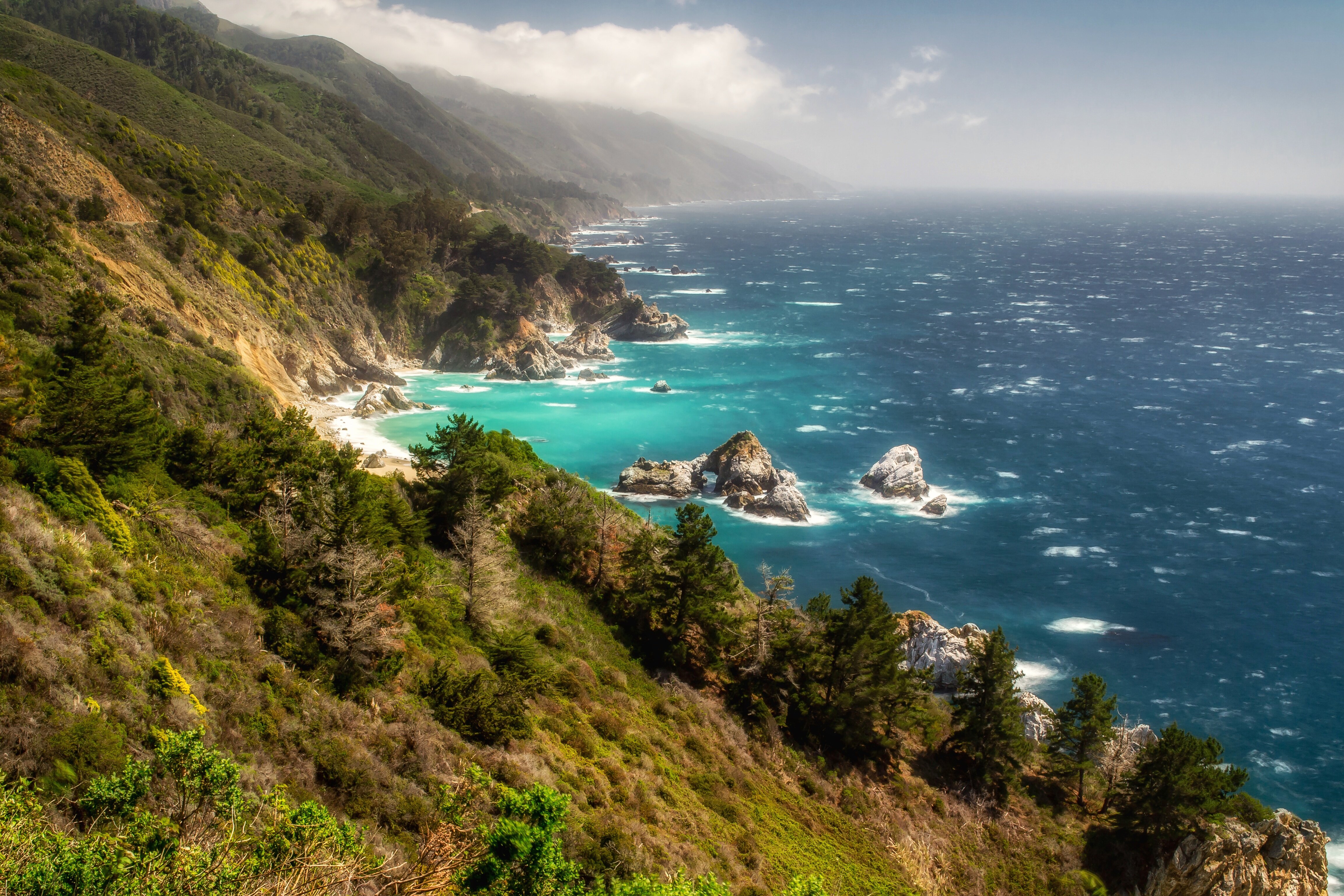 earth, coastline, big sur, california, haze, horizon, ocean, seascape download HD wallpaper