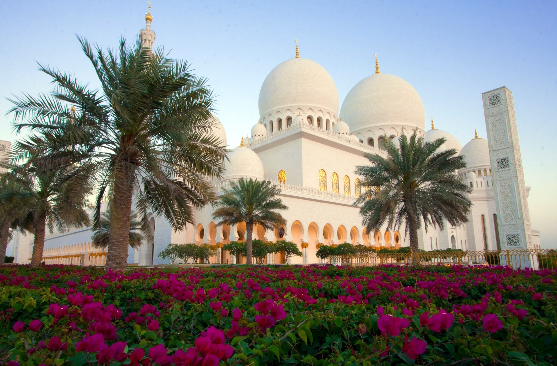 sheikh zayed grand mosque, mosques, palm tree, religious, abu dhabi, flower 2160p