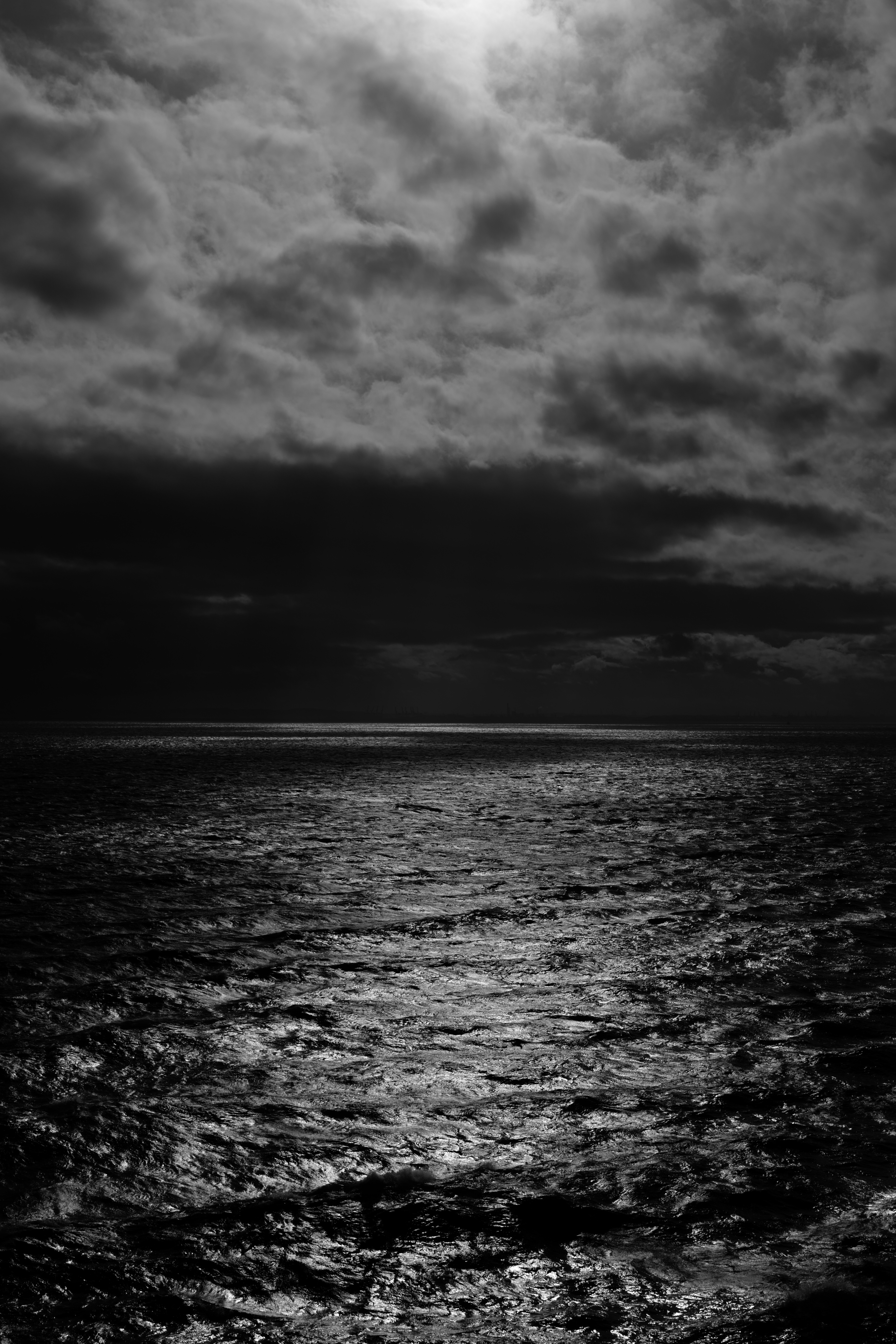 black, moonlight, sea, night, clouds, horizon, ripples, ripple