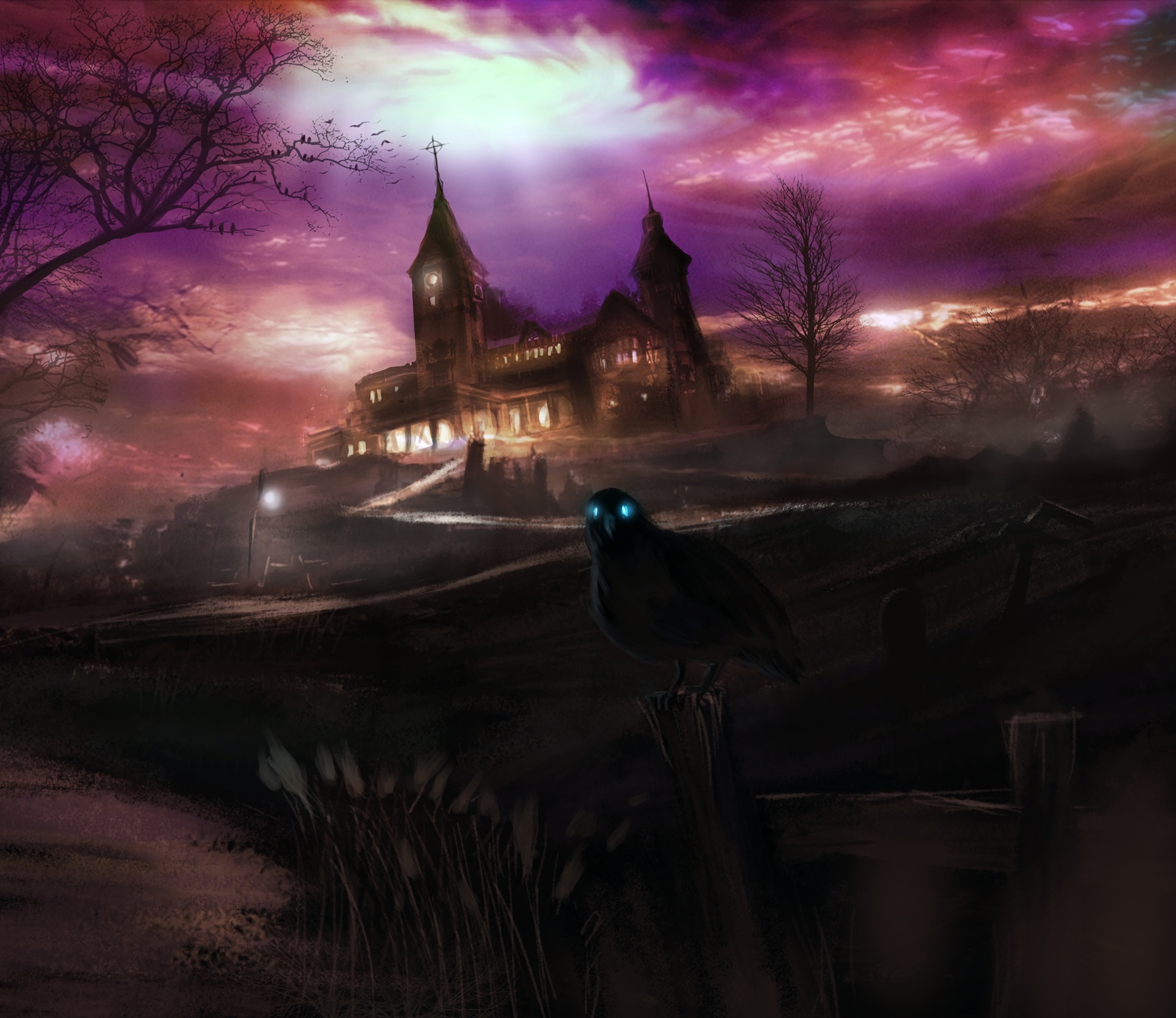 raven, art, dark, house, hill, spooky, eerie cellphone