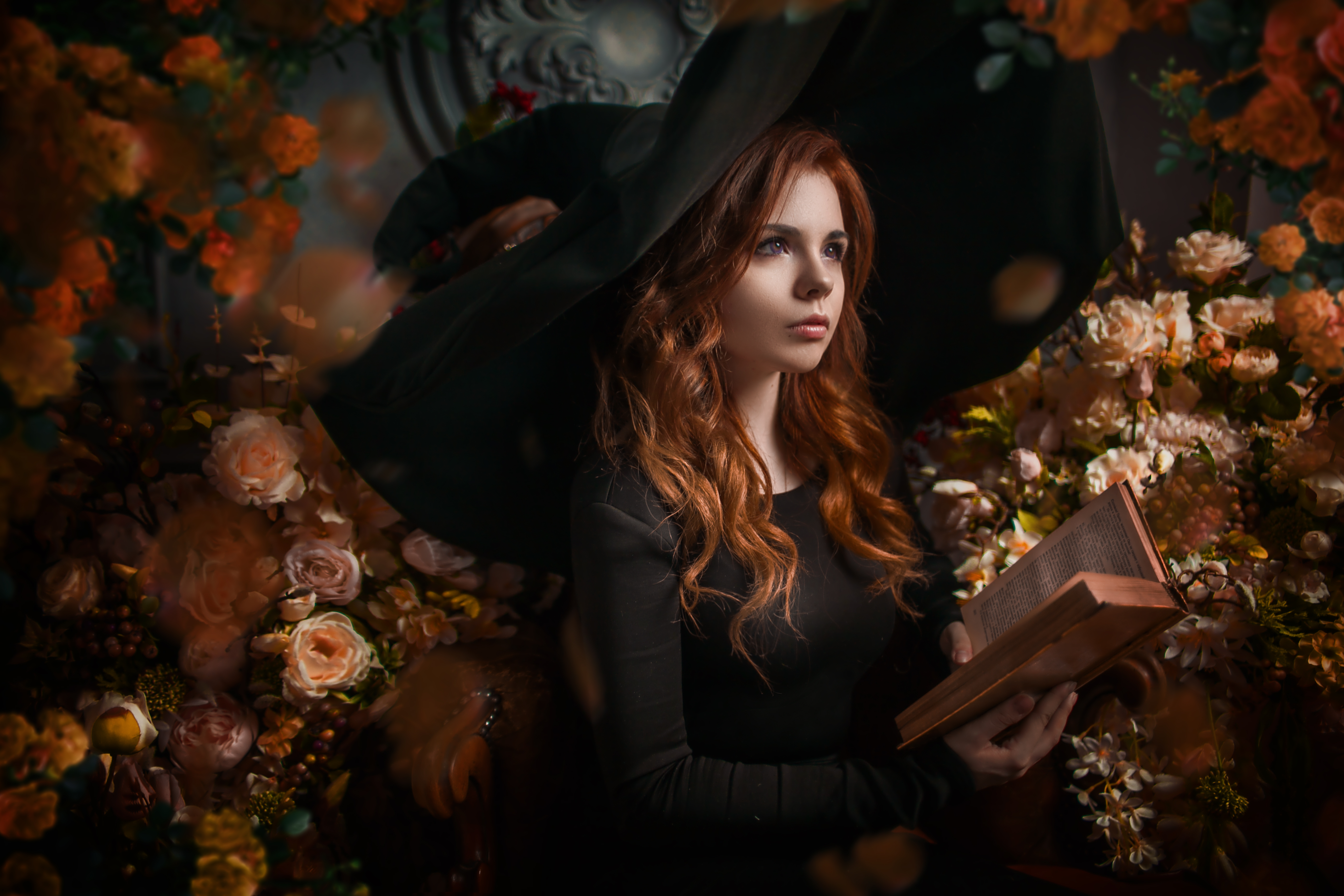 witch, white flower, women, cosplay, book, flower, long hair, redhead, rose, witch hat