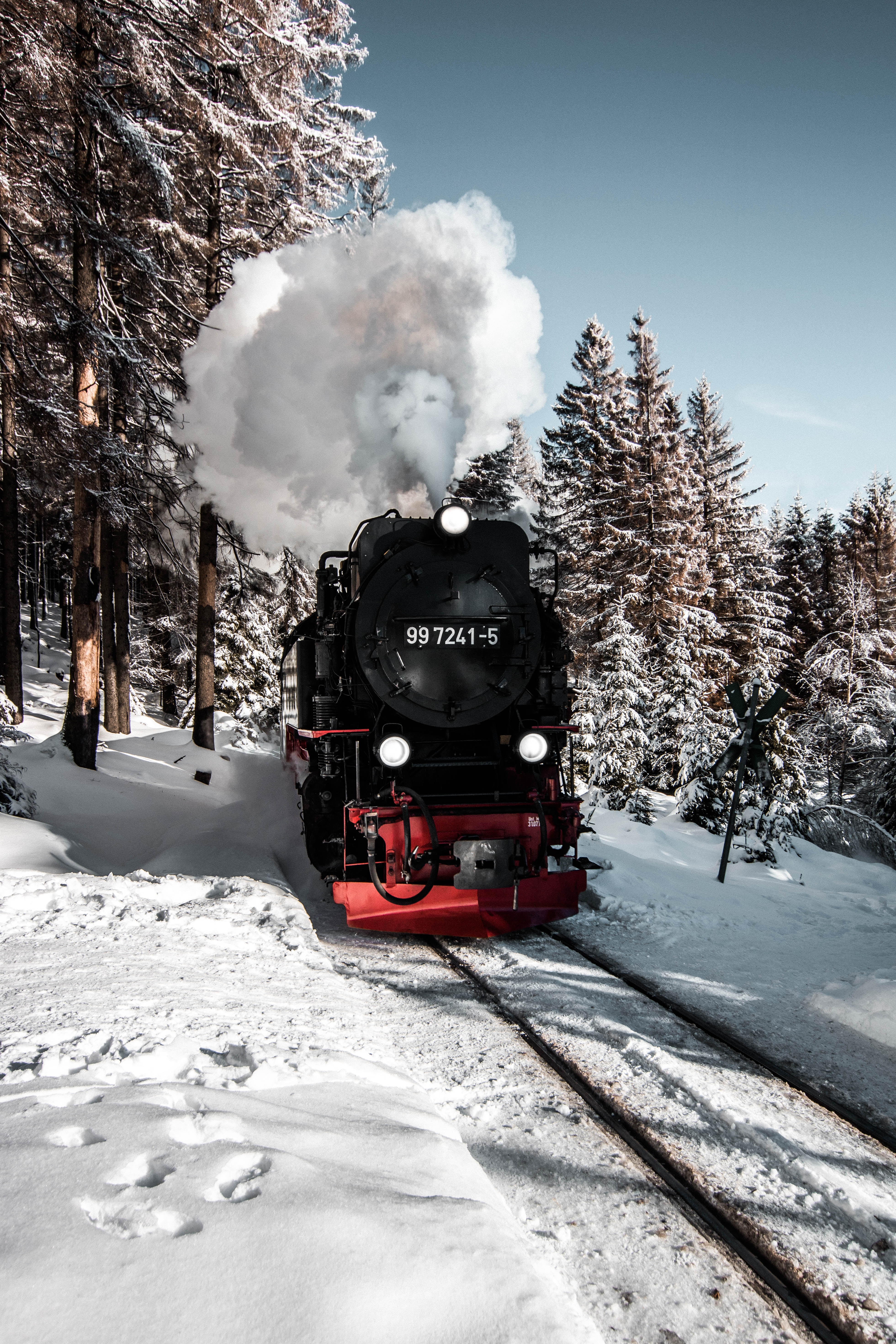 steam locomotive, winter, smoke, snow, miscellanea, miscellaneous, train, locomotive