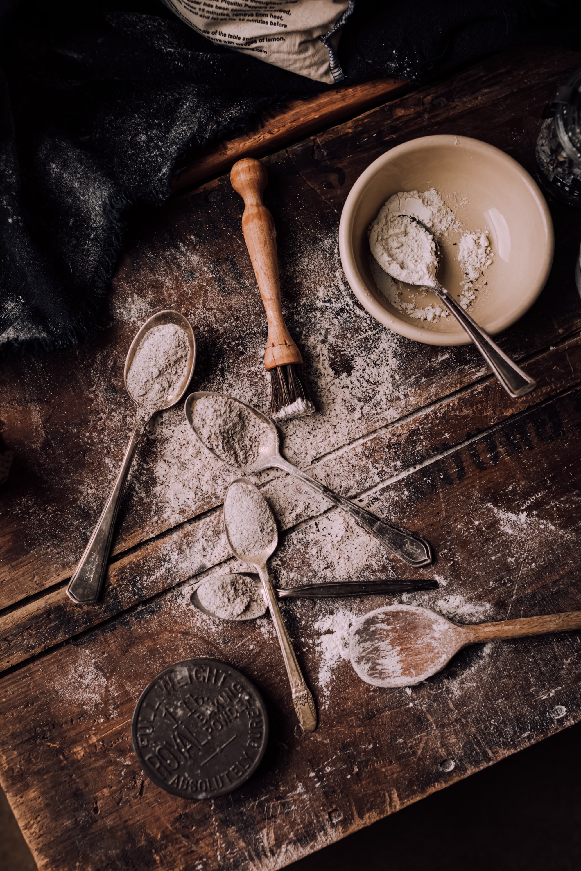 flour, food, wood, wooden, surface, spoons iphone wallpaper