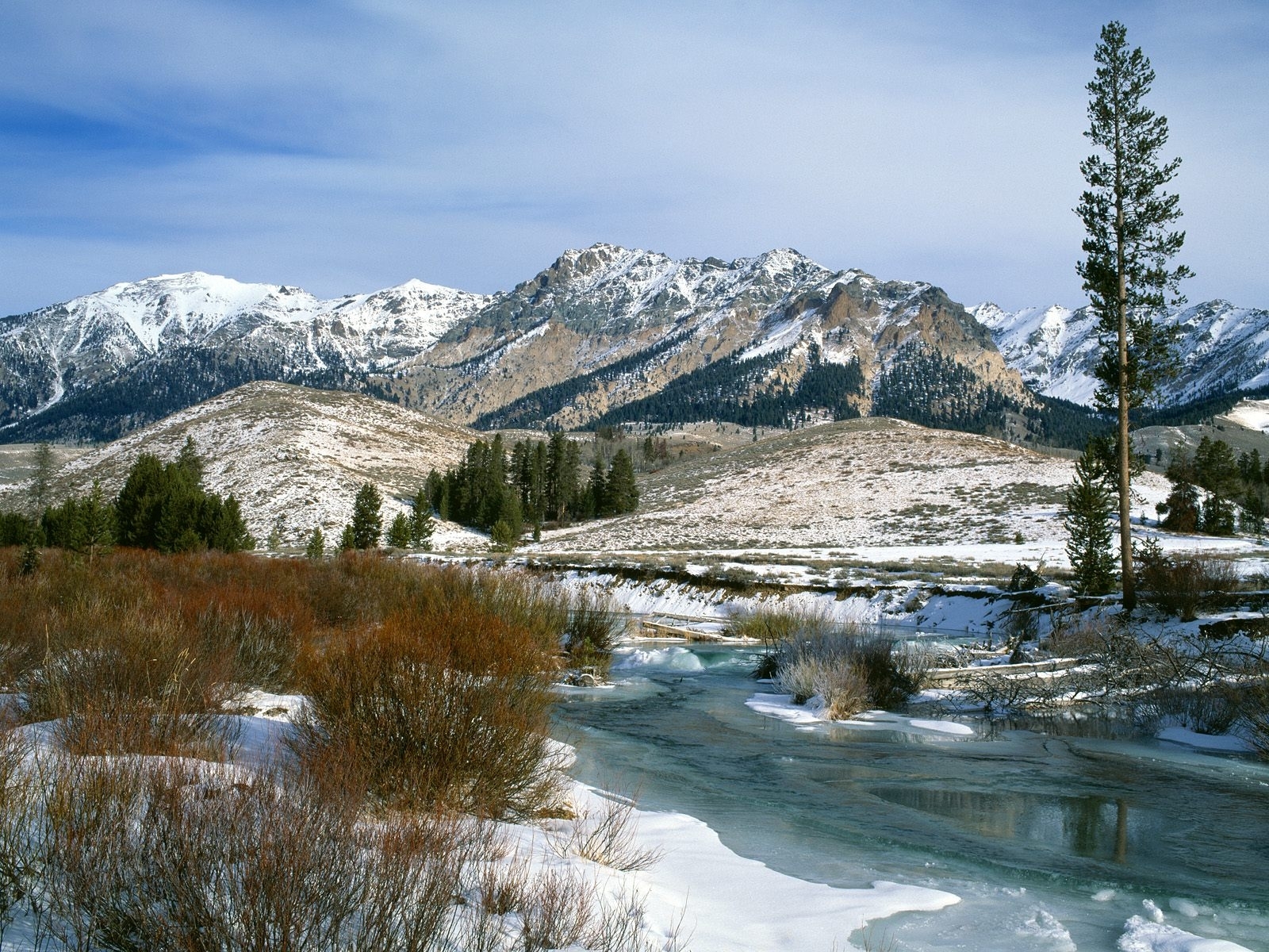 Download mobile wallpaper Snow, Rivers, Winter, Landscape, Mountains for free.