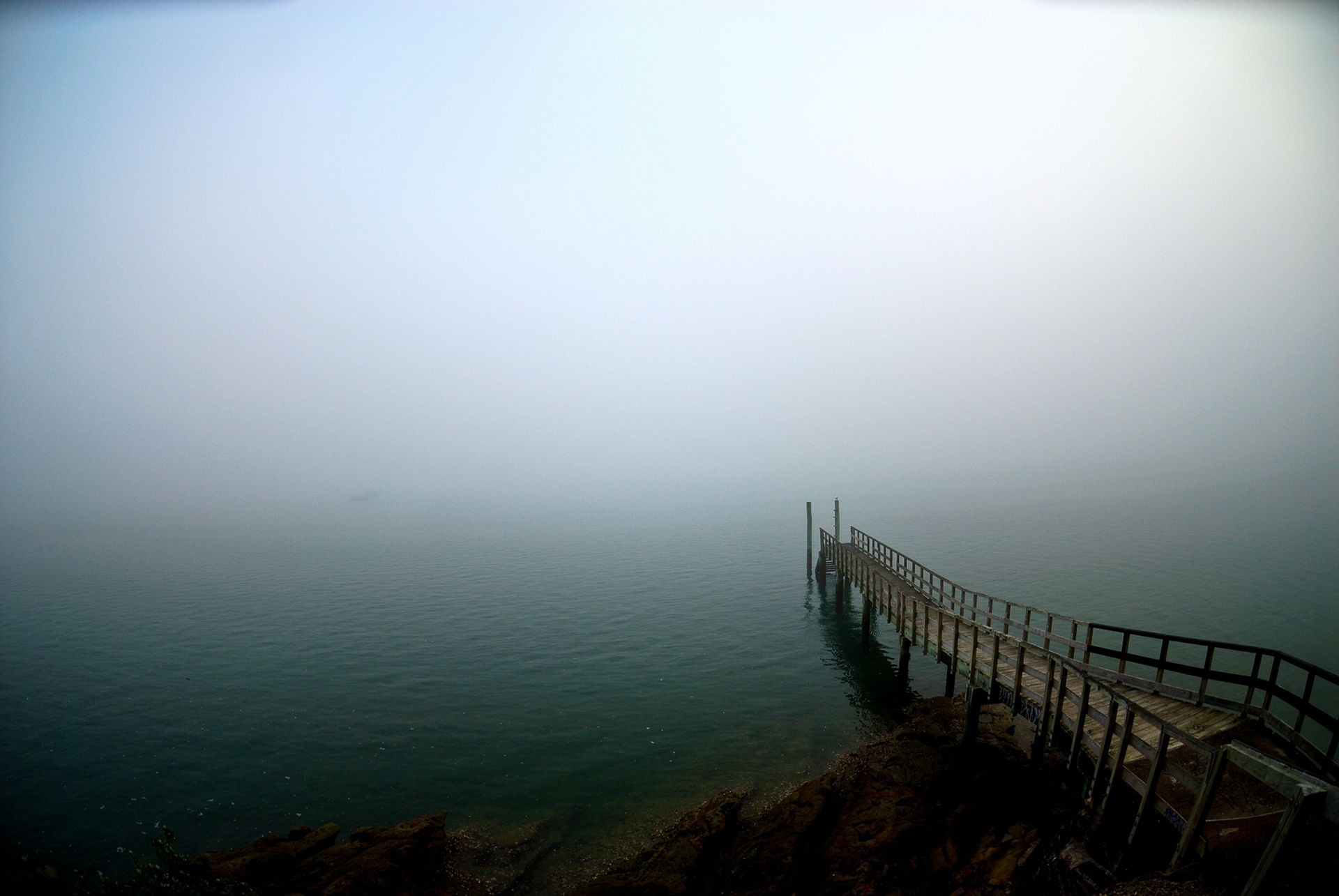 descent, nature, lake, pier, fog, unknown, obscurity