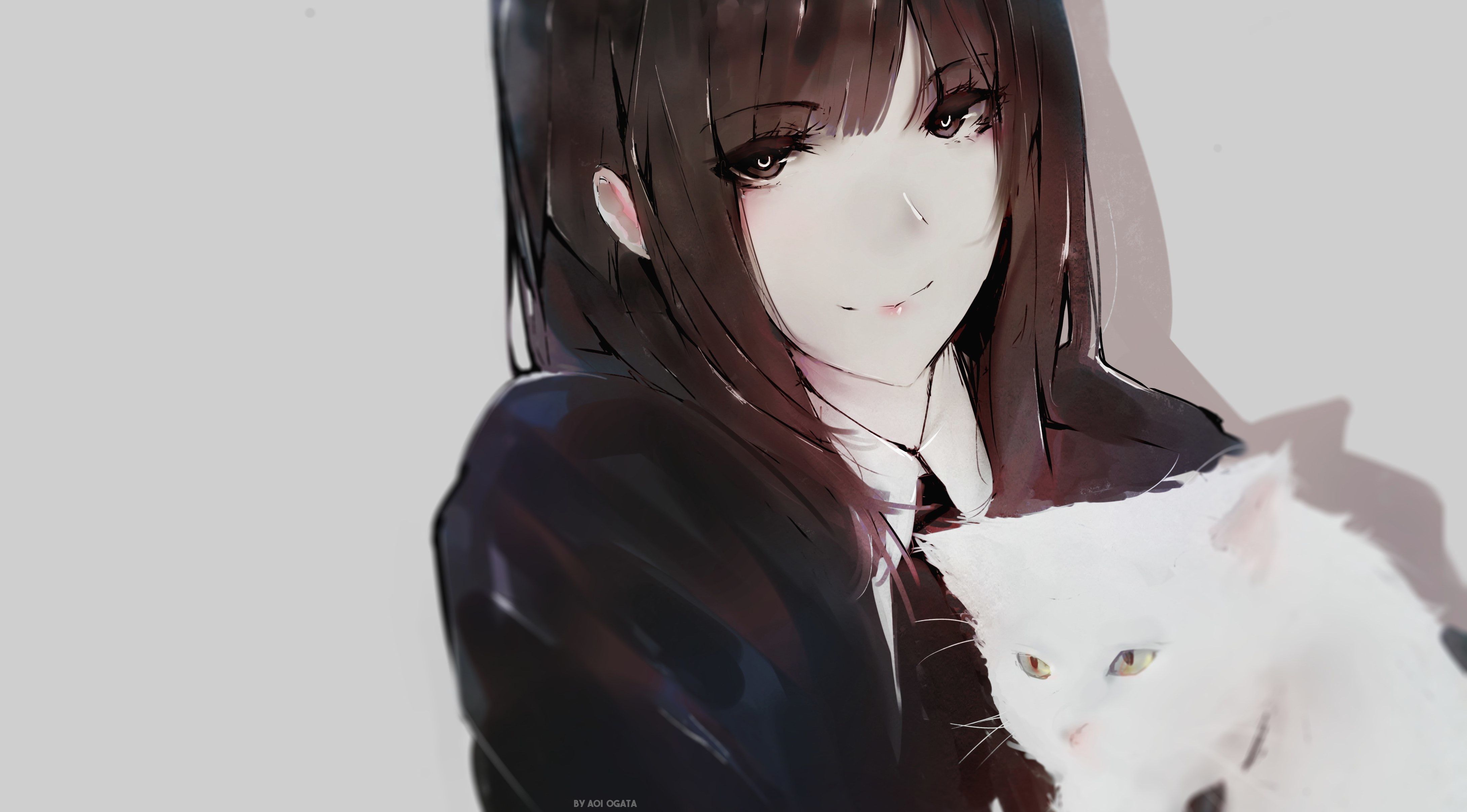 Аниме, девушка с белым котиком