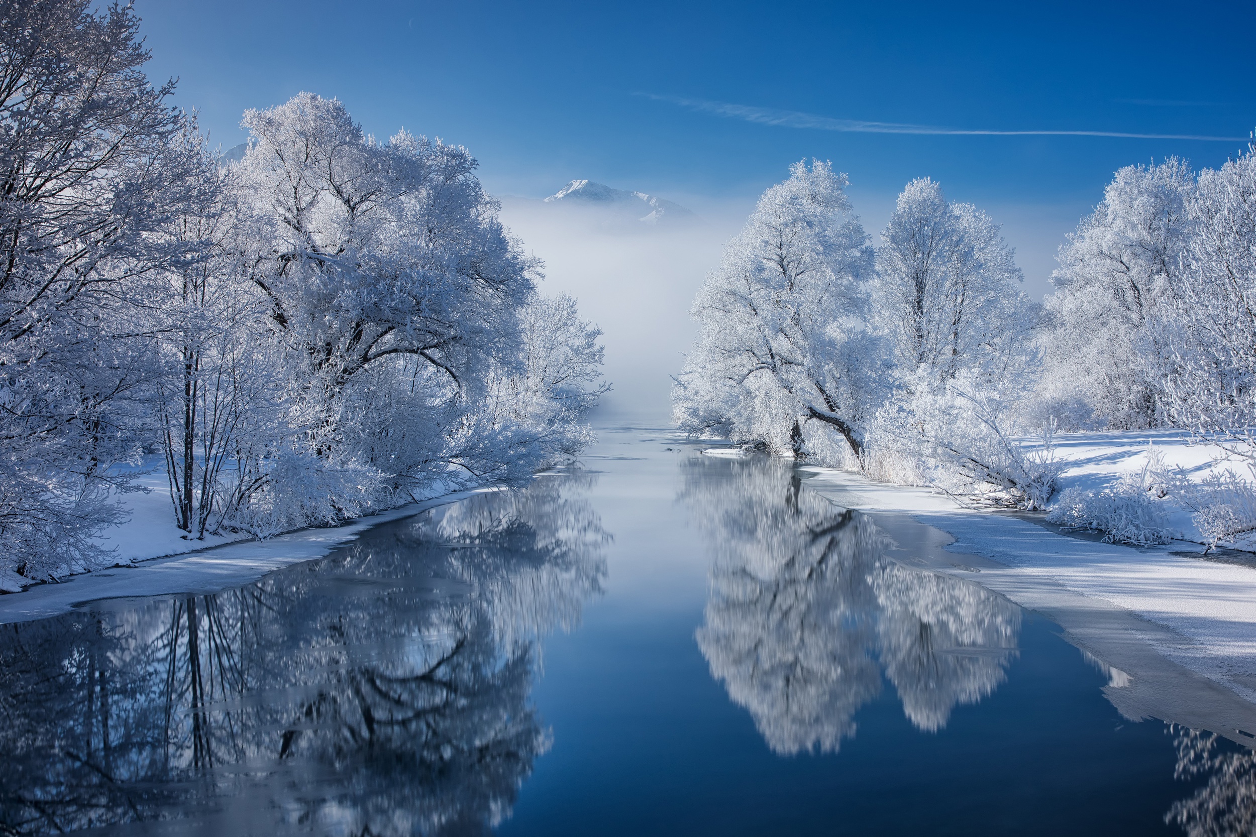 earth, winter, bavaria, lake kochel, nature, reflection, river, snow 32K