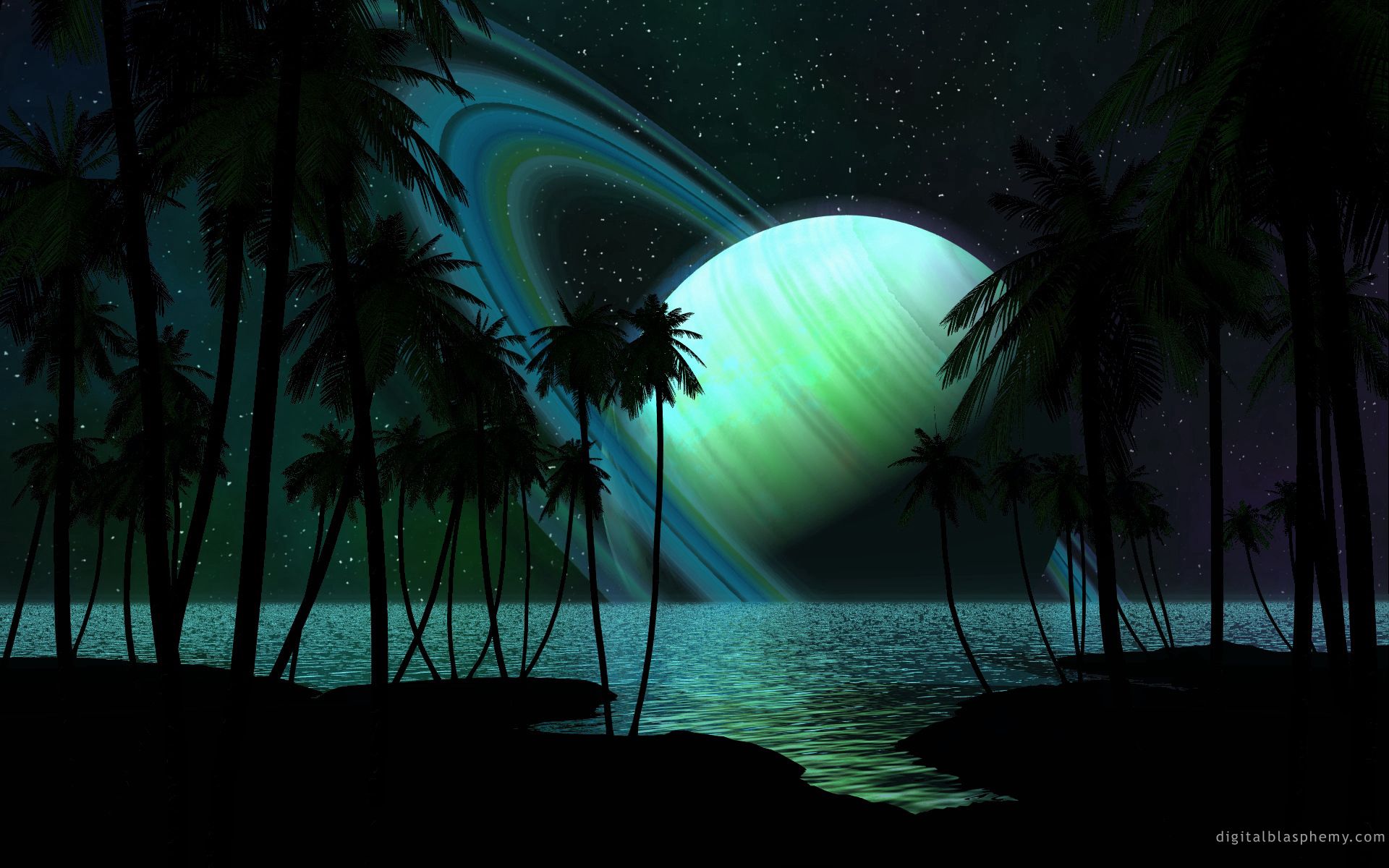 Download mobile wallpaper Universe, Saturn, That's Incredible, Palms, Fiction, Darkness, Water for free.