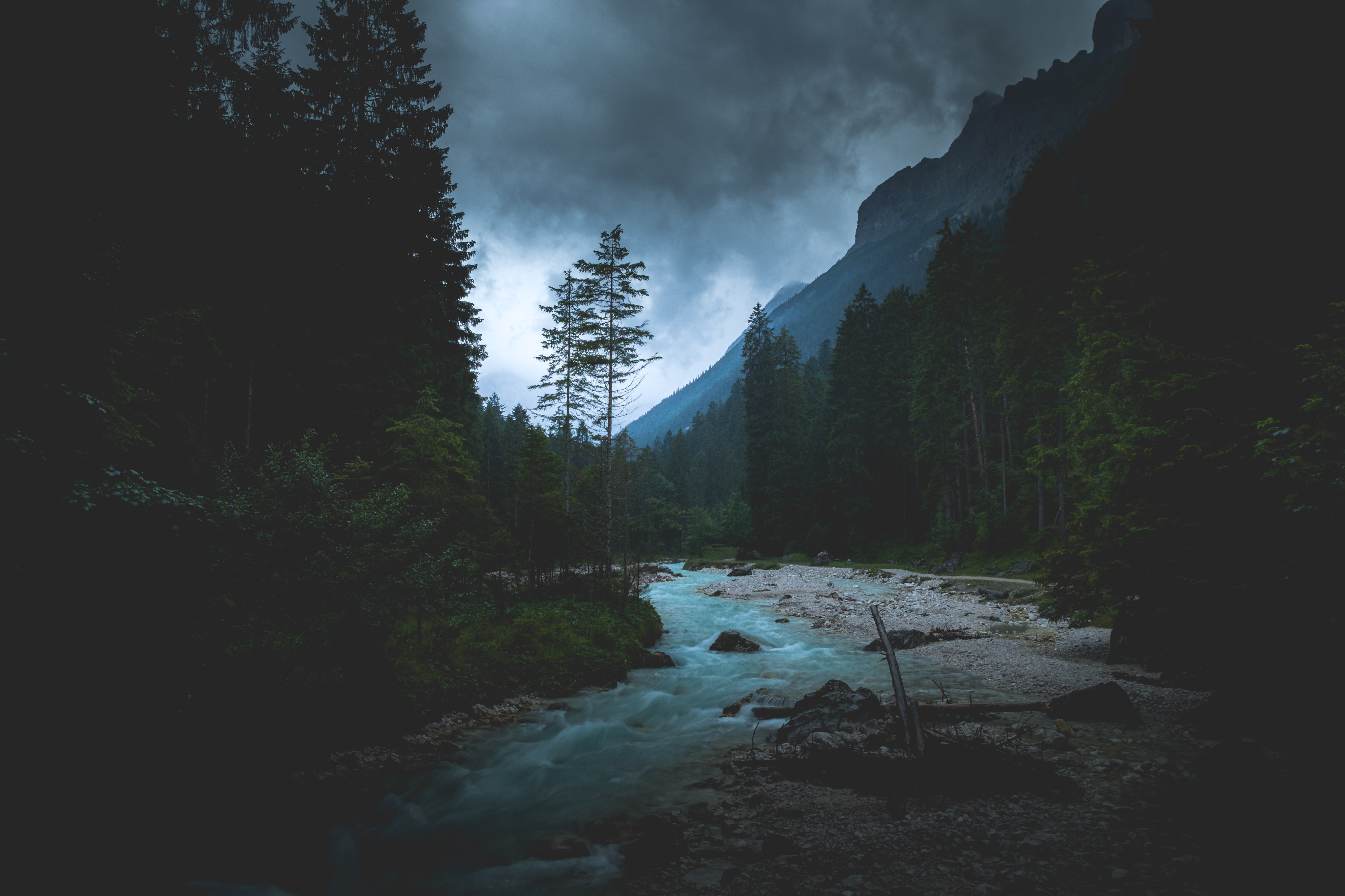 mountains, landscape, nature, rivers, twilight, forest, dusk for android