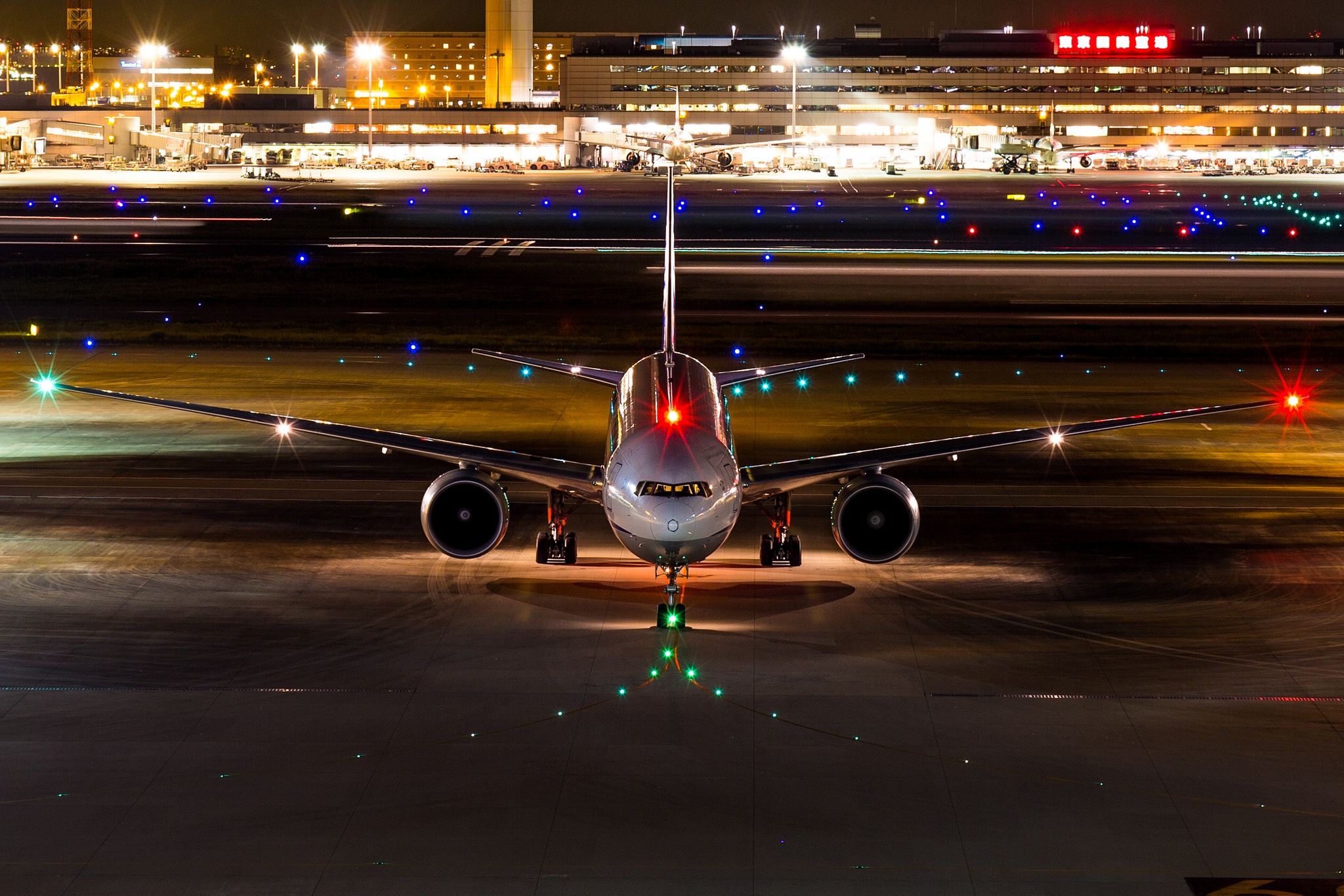 airport, vehicles, aircraft, night, passenger plane Panoramic Wallpaper