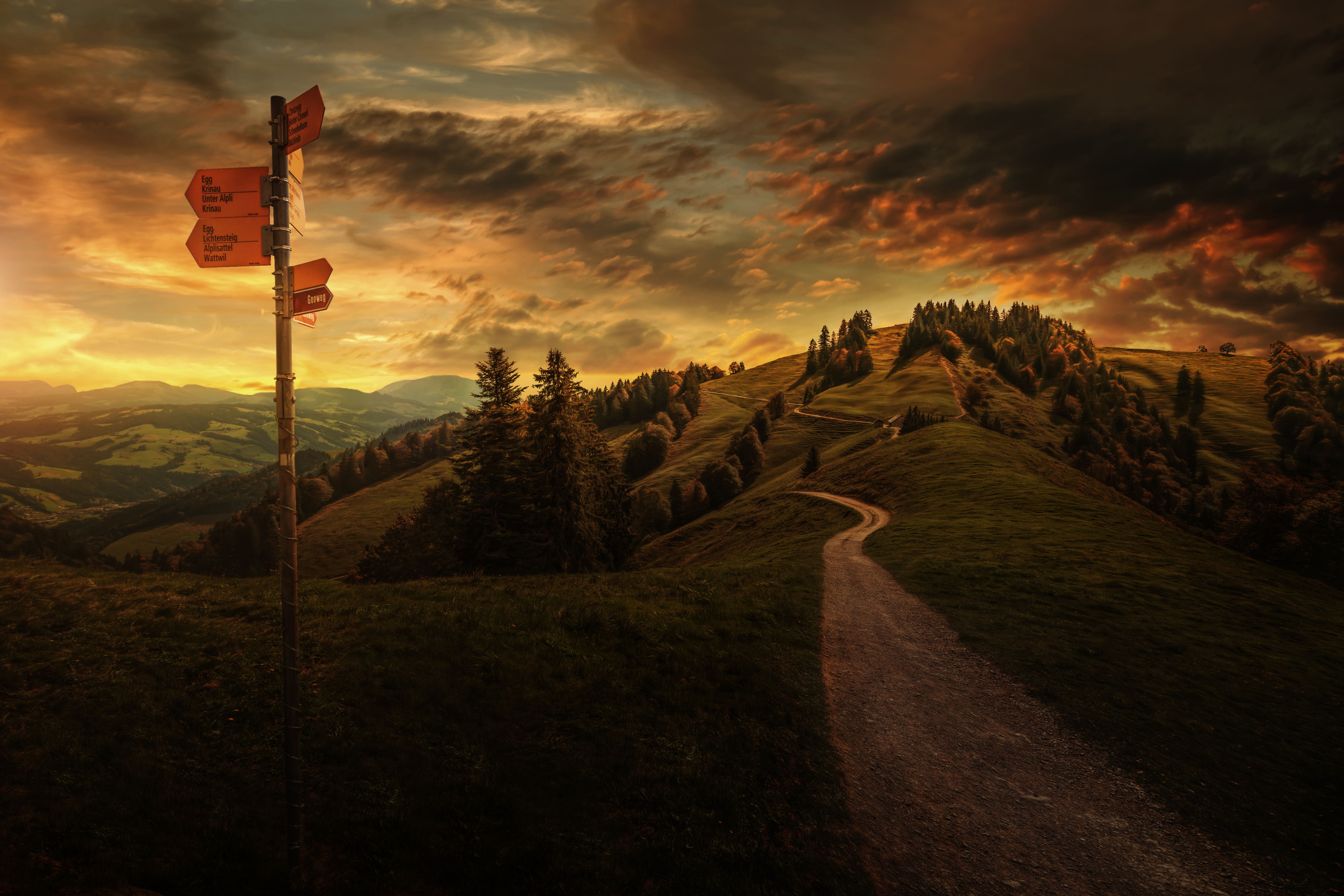 hill, path, landscape, photography, cloud, countryside, sky, switzerland HD wallpaper