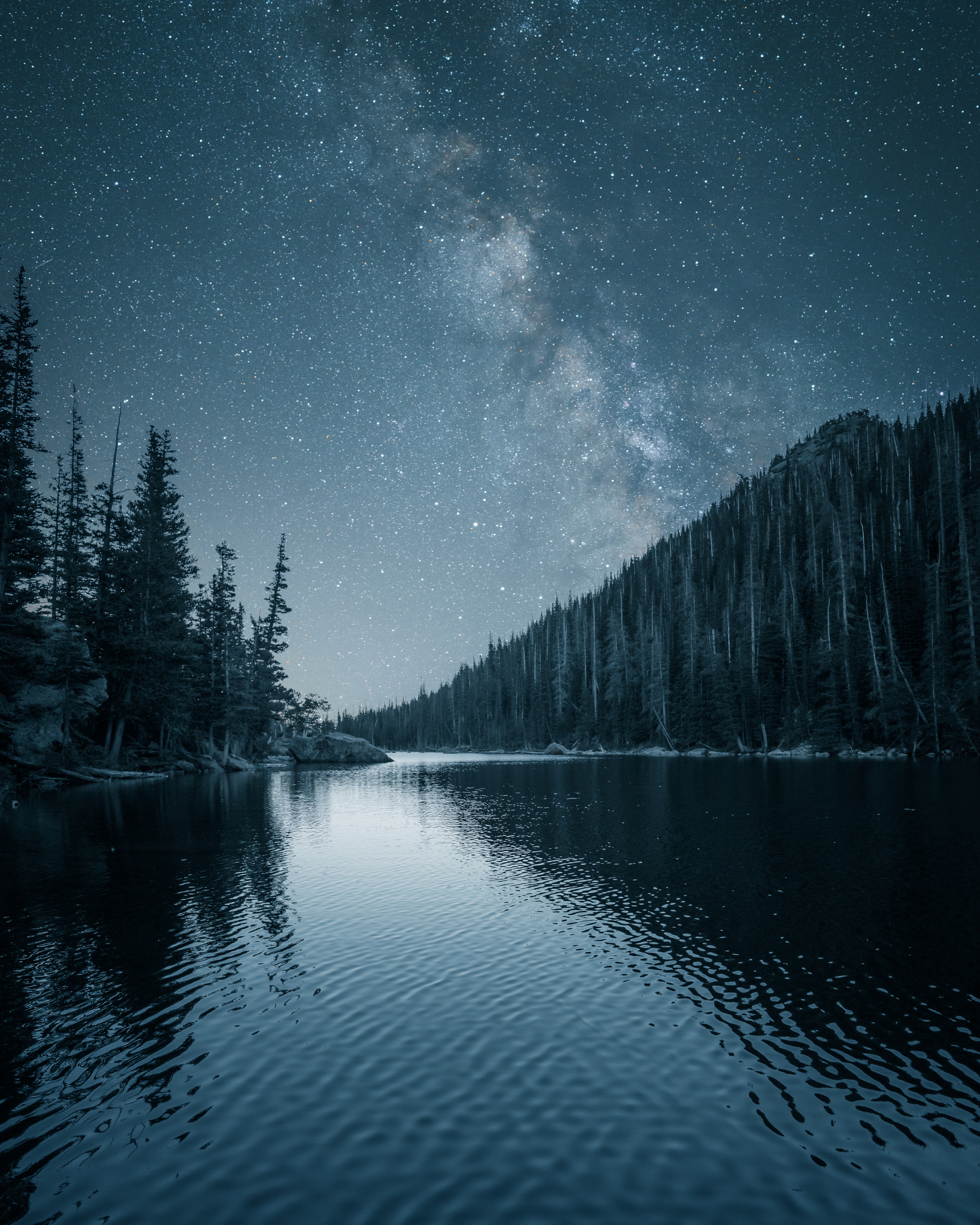 Download mobile wallpaper Nature, Trees, Rivers, Starry Sky, Landscape, Night for free.
