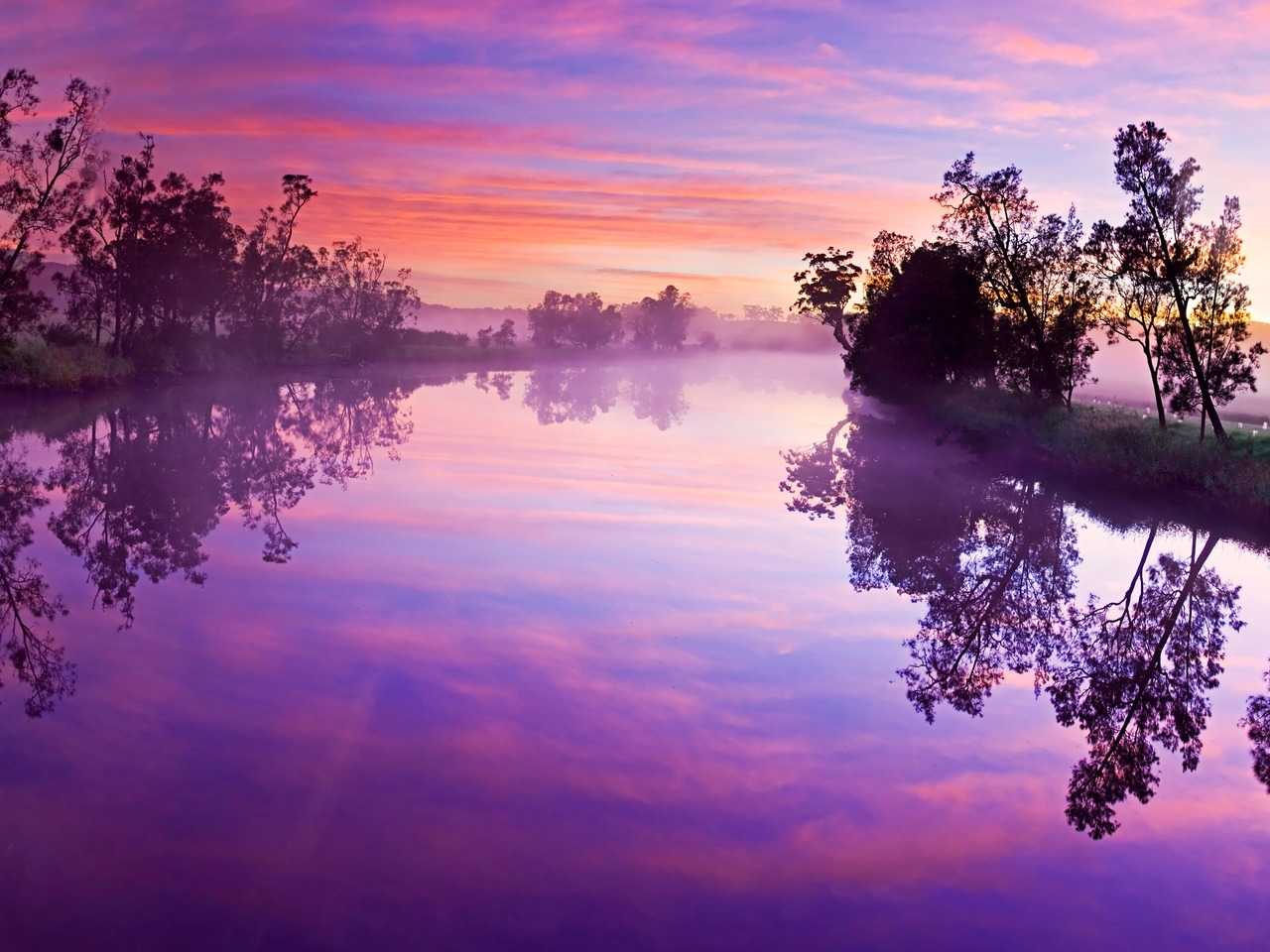 Download mobile wallpaper Rivers, Clouds, Violet, Sunset, Sky, Landscape for free.