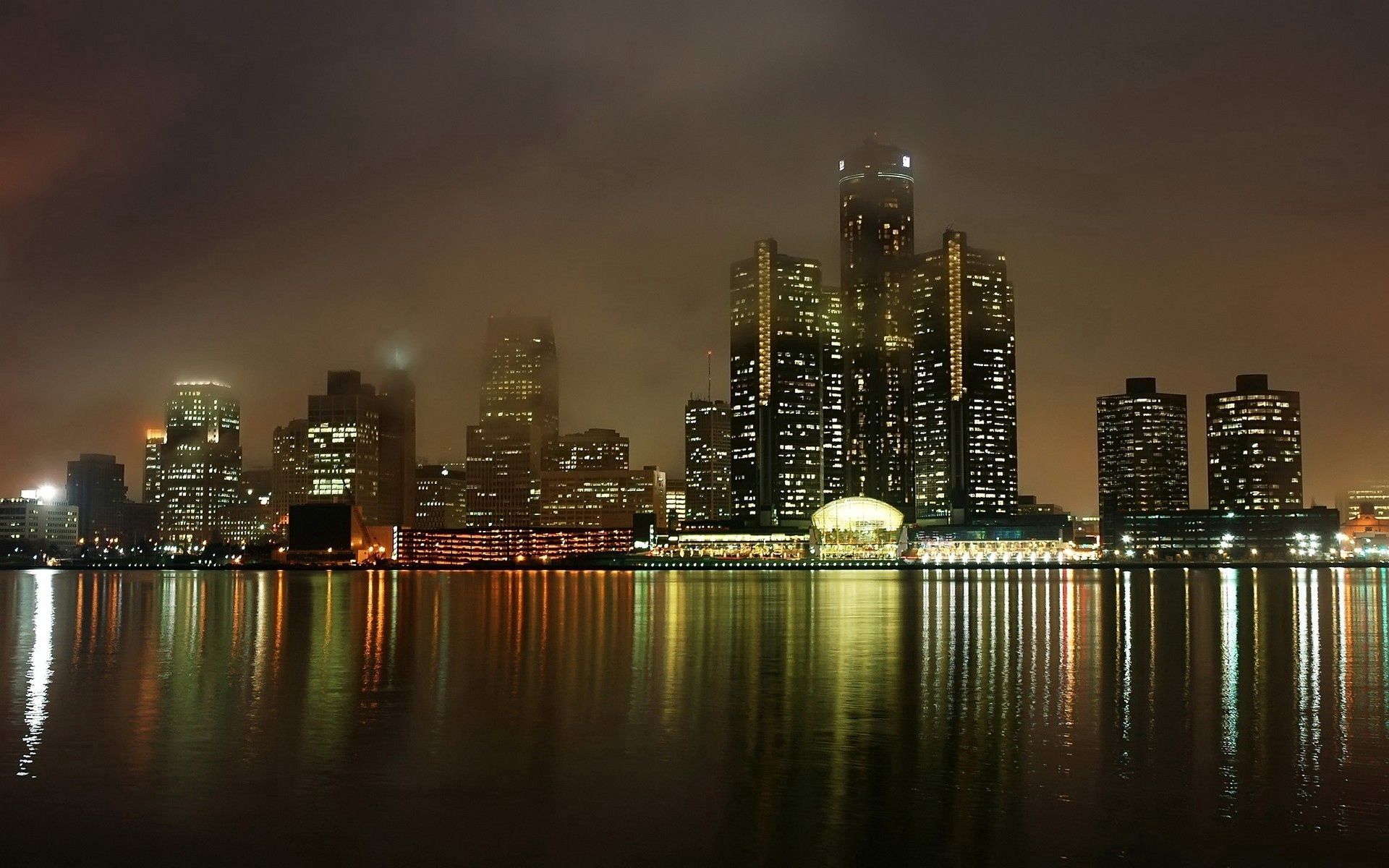 america, landscape, cities, water, houses, sea, night, usa, building, lights, reflection, fog, ocean, skyscrapers, united states, megapolis, megalopolis, view, bay, embankment, quay, michigan, detroit
