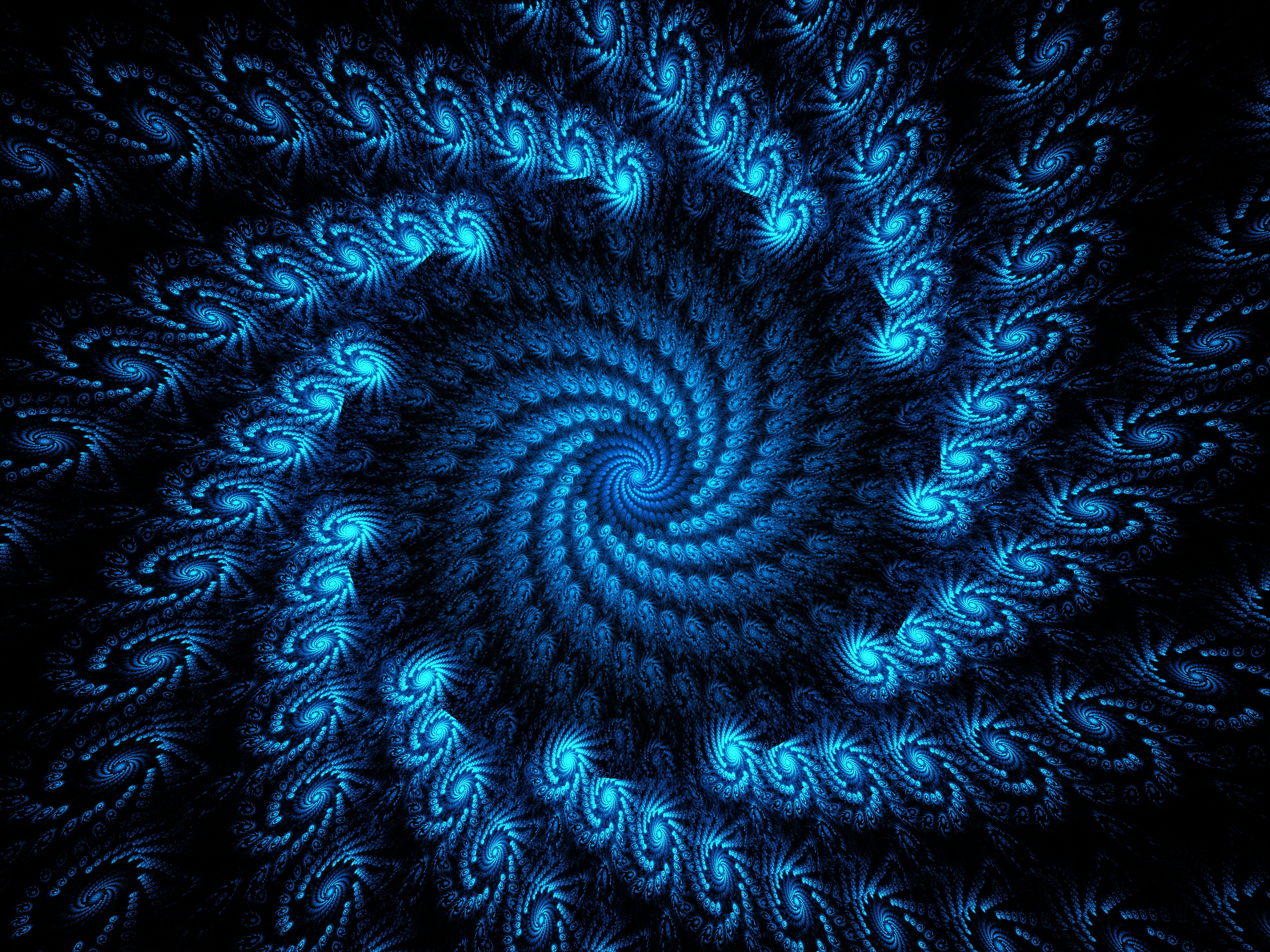 fractal, abstract, blue, funnel, swirling, involute 5K