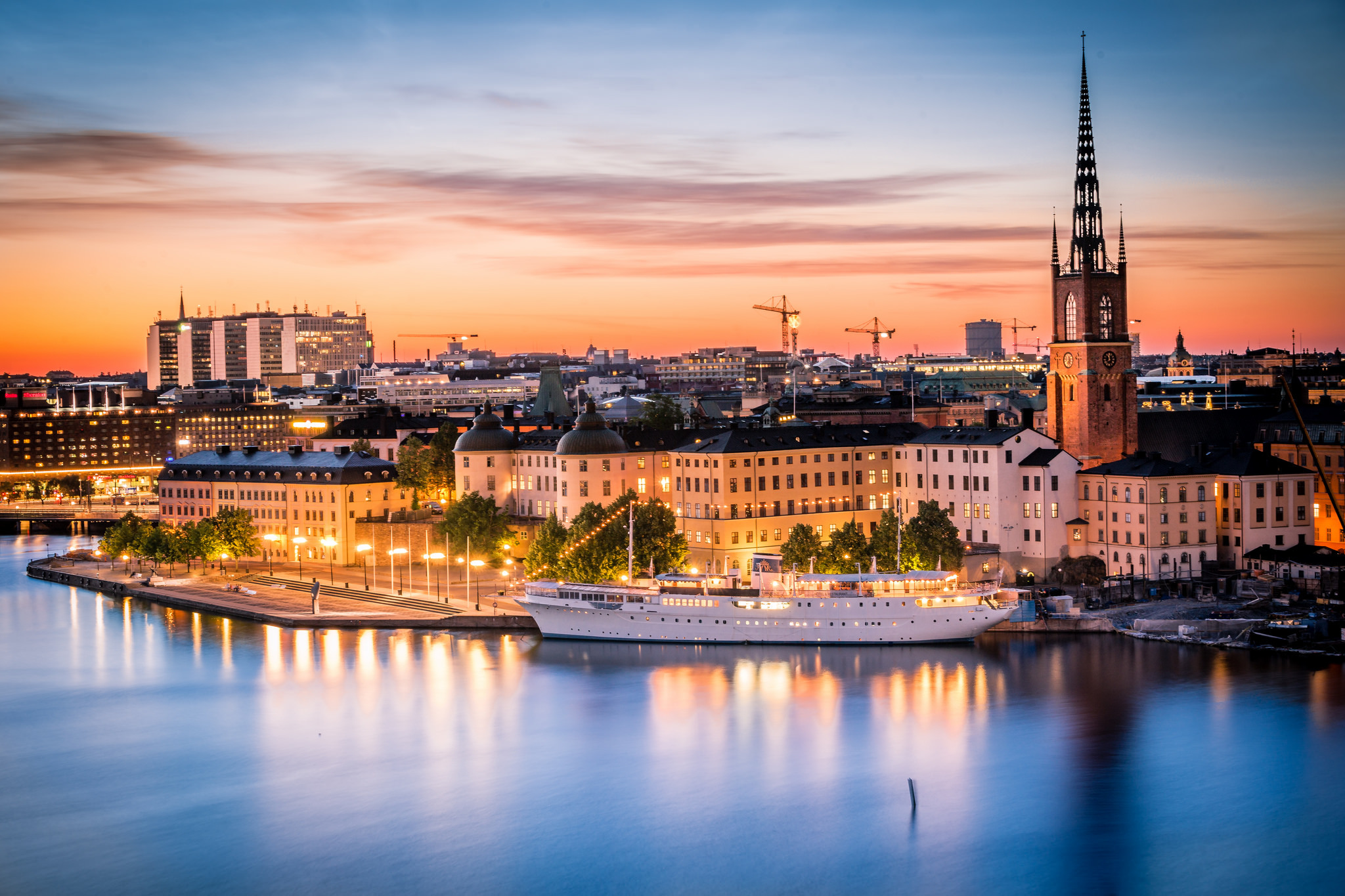 sweden, man made, stockholm, city, dusk, house, light, reflection, ship, cities desktop HD wallpaper
