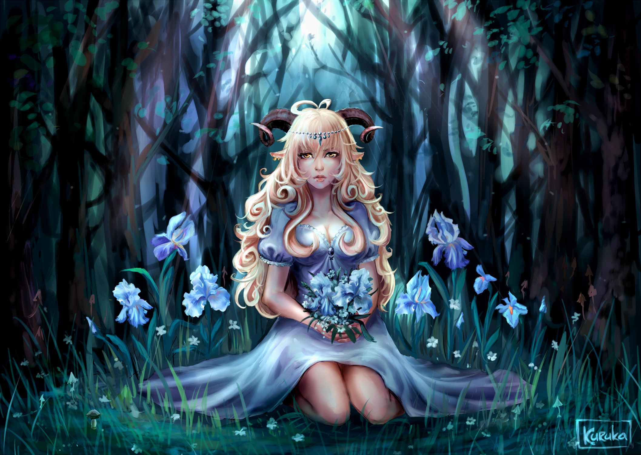 fantasy, demon, blonde, flower, forest, horns, iris, long hair, yellow eyes download HD wallpaper