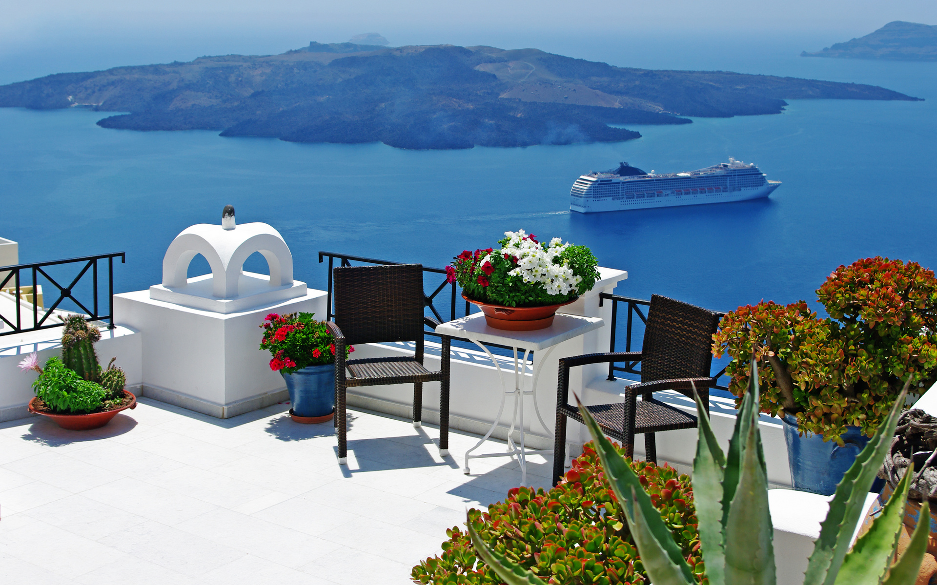 mediterranean, table, santorini, sea, chair, greece, cyclades, island, photography, scenic, aegean, blue, greek, mykonos, relax, roof, volcano