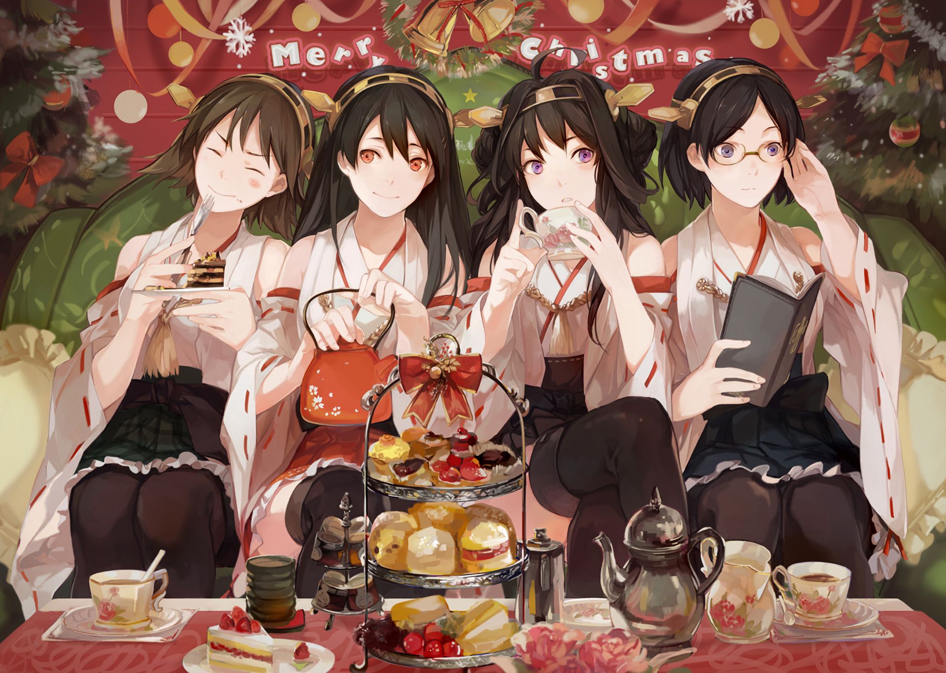 Download background anime, kantai collection, haruna (kancolle), hiei (kancolle), kirishima (kancolle), kongou (kancolle)
