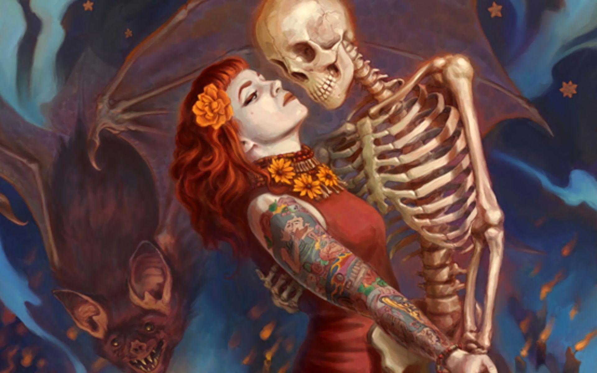 dark, skeleton, dancing, redhead, tattoo 4K