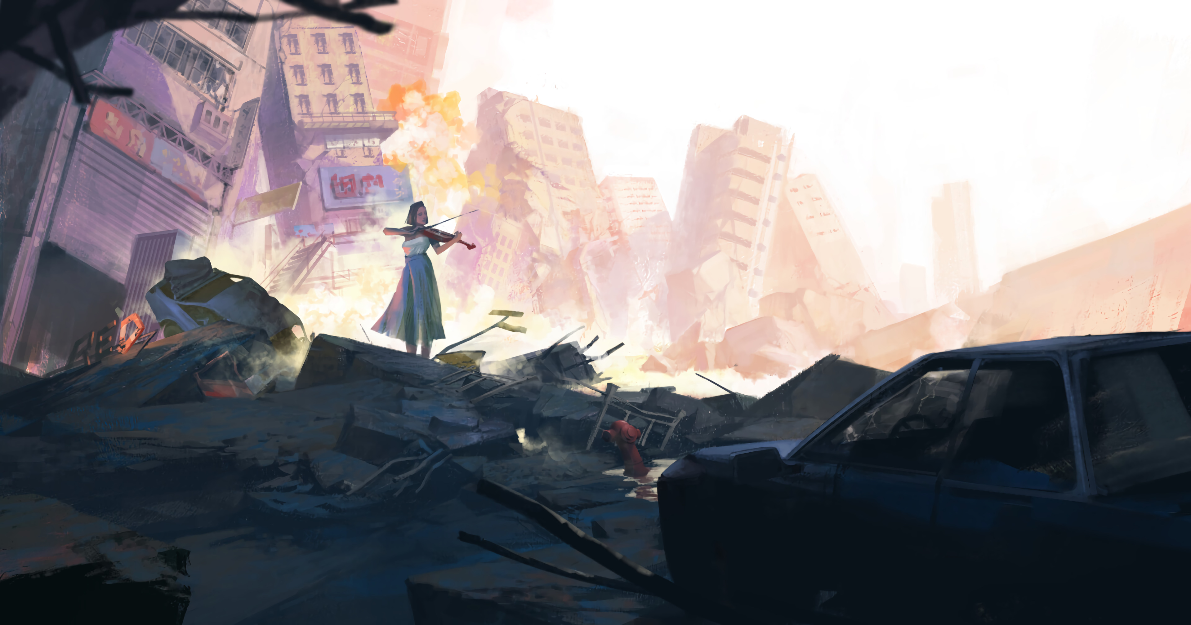 girl, art, city, ruin, ruins, violin HD for desktop 1080p