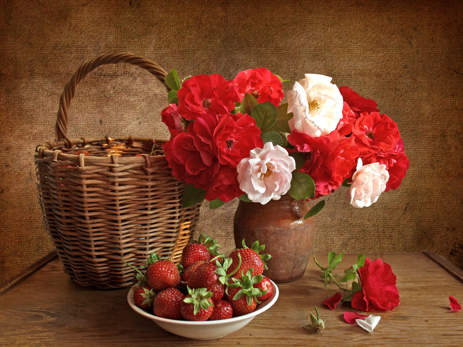 still life, flowers, strawberry, roses, basket
