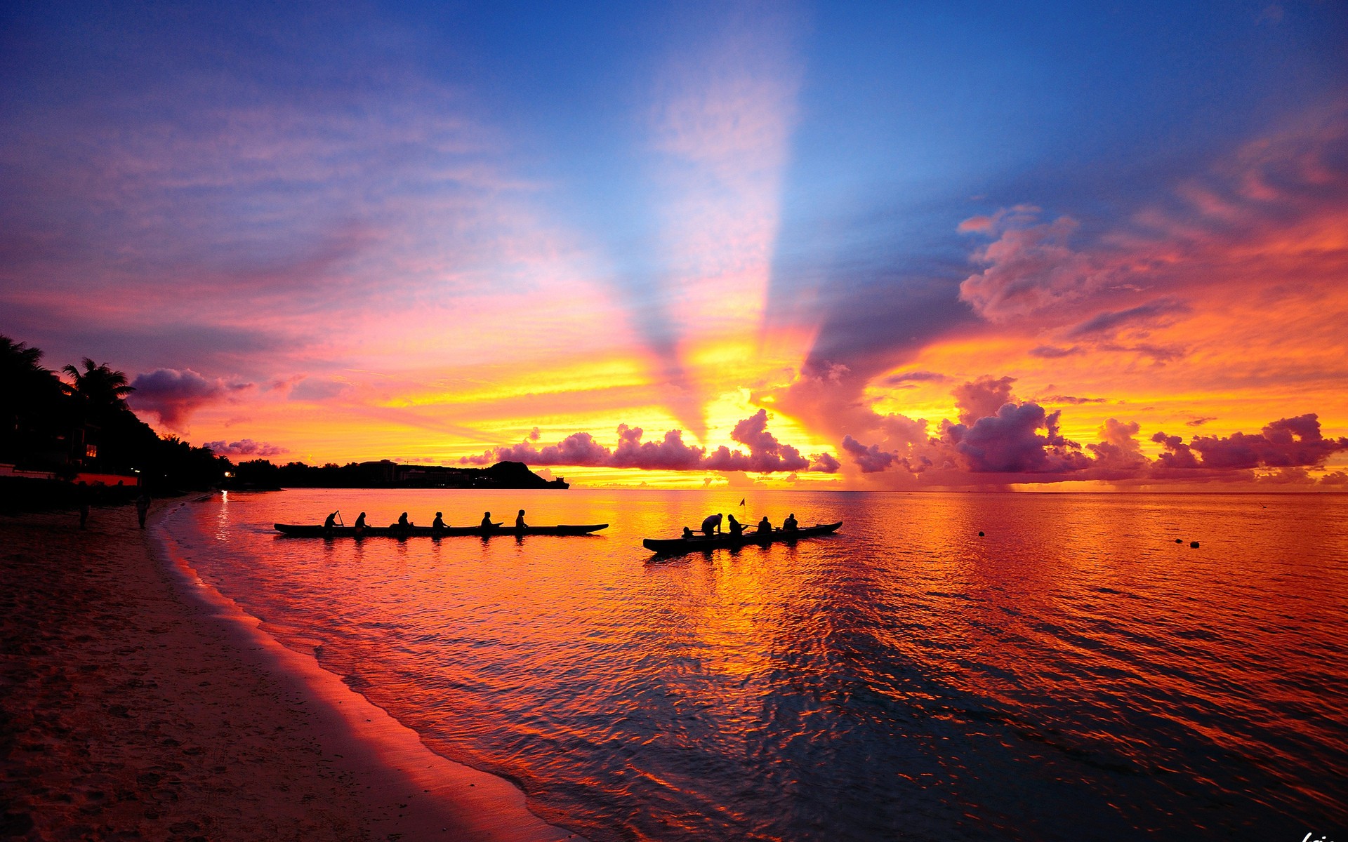 Free download wallpaper People, Sunset, Sky, Beach, Ocean, Earth, Boat, Cloud on your PC desktop