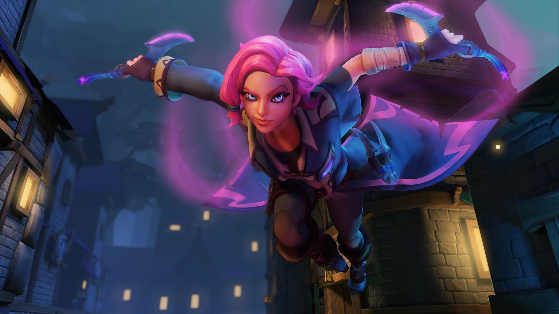 video game, paladins, blue eyes, dagger, maeve (paladins), night, paladins (video game), pink hair, short hair, weapon iphone wallpaper