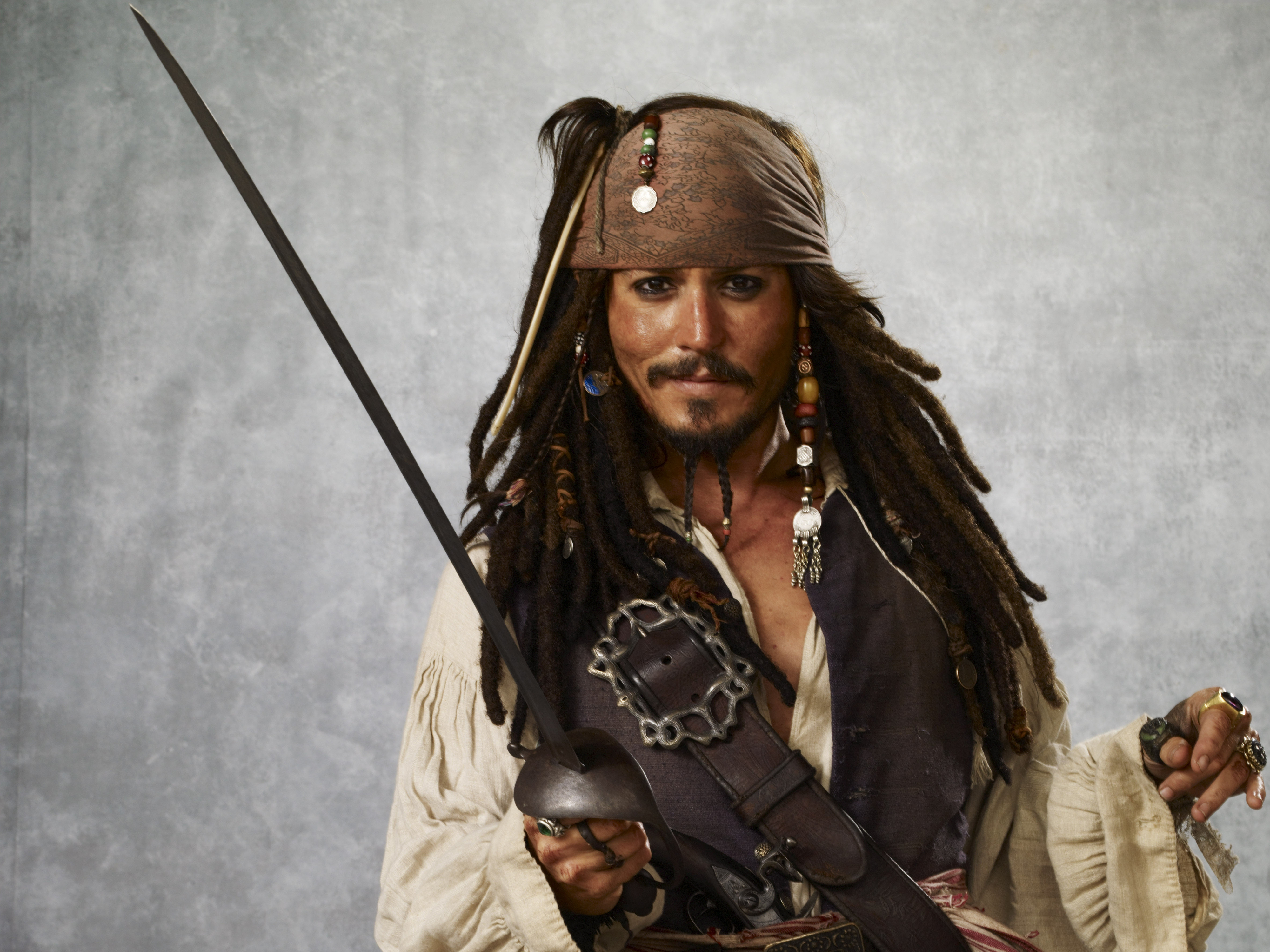 jack sparrow, johnny depp, movie, pirates of the caribbean, actor, beard, long hair, pirate, sword