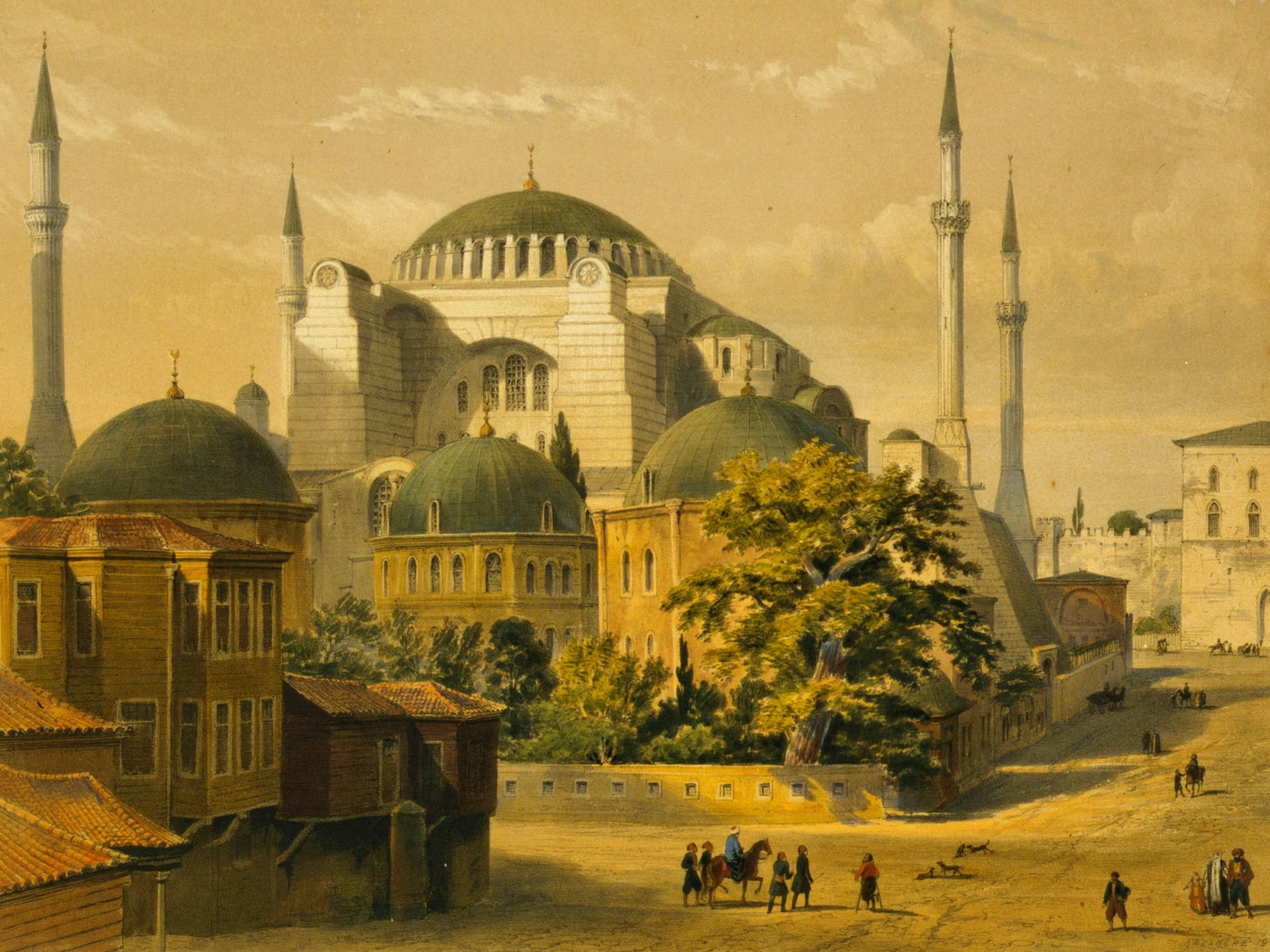 hagia sophia, turkey, mosques, religious, dome, mosque, painting HD wallpaper