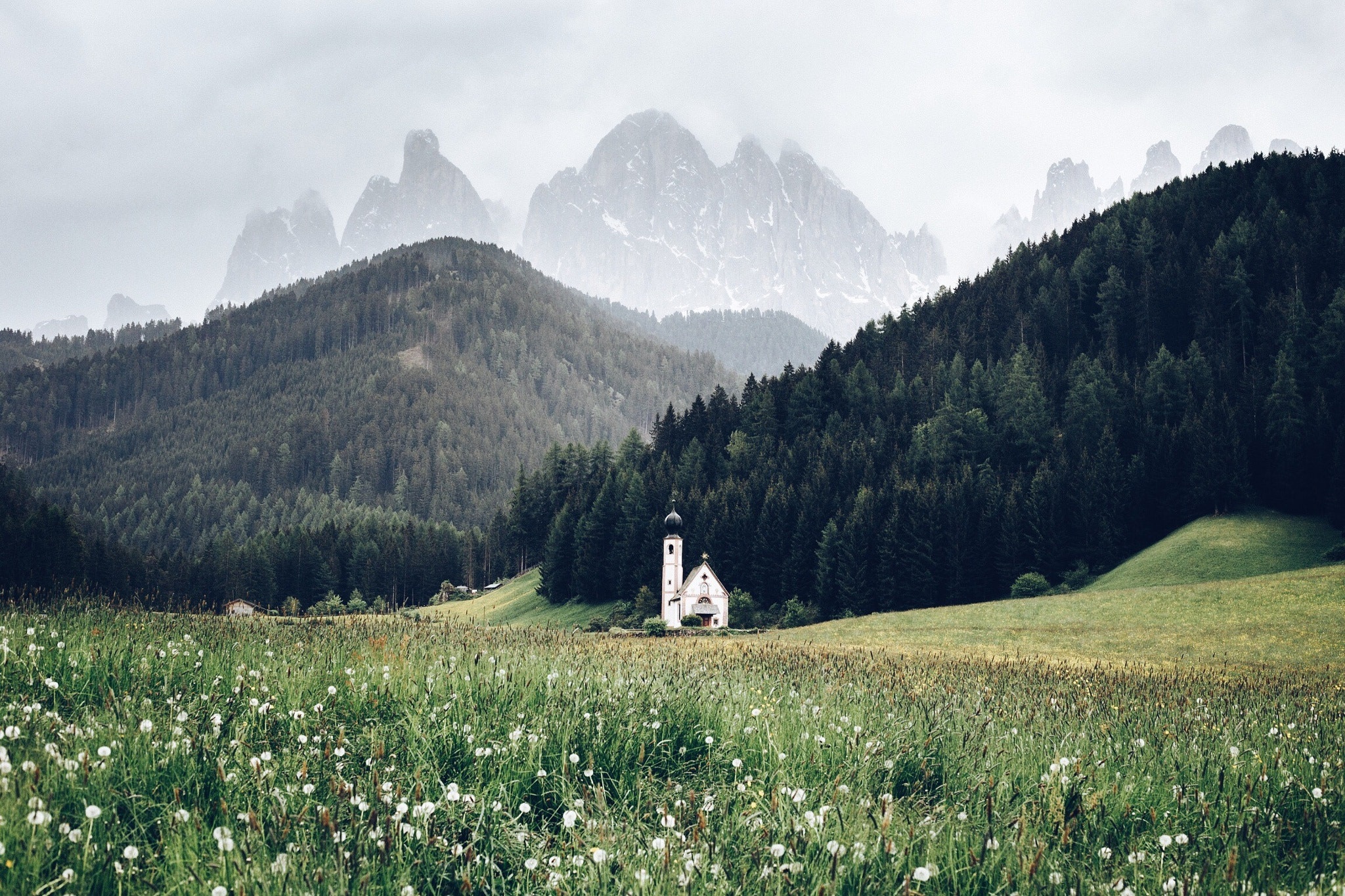 Download mobile wallpaper Mountain, Forest, Alps, Church, Meadow, Churches, Religious for free.