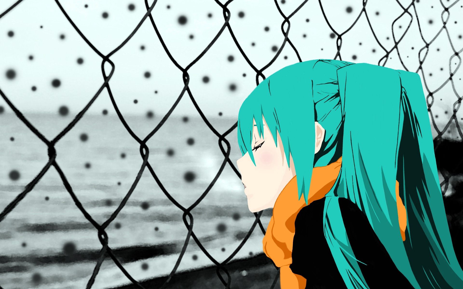 sorrow, anime, sadness, fence, girl, scarf phone background