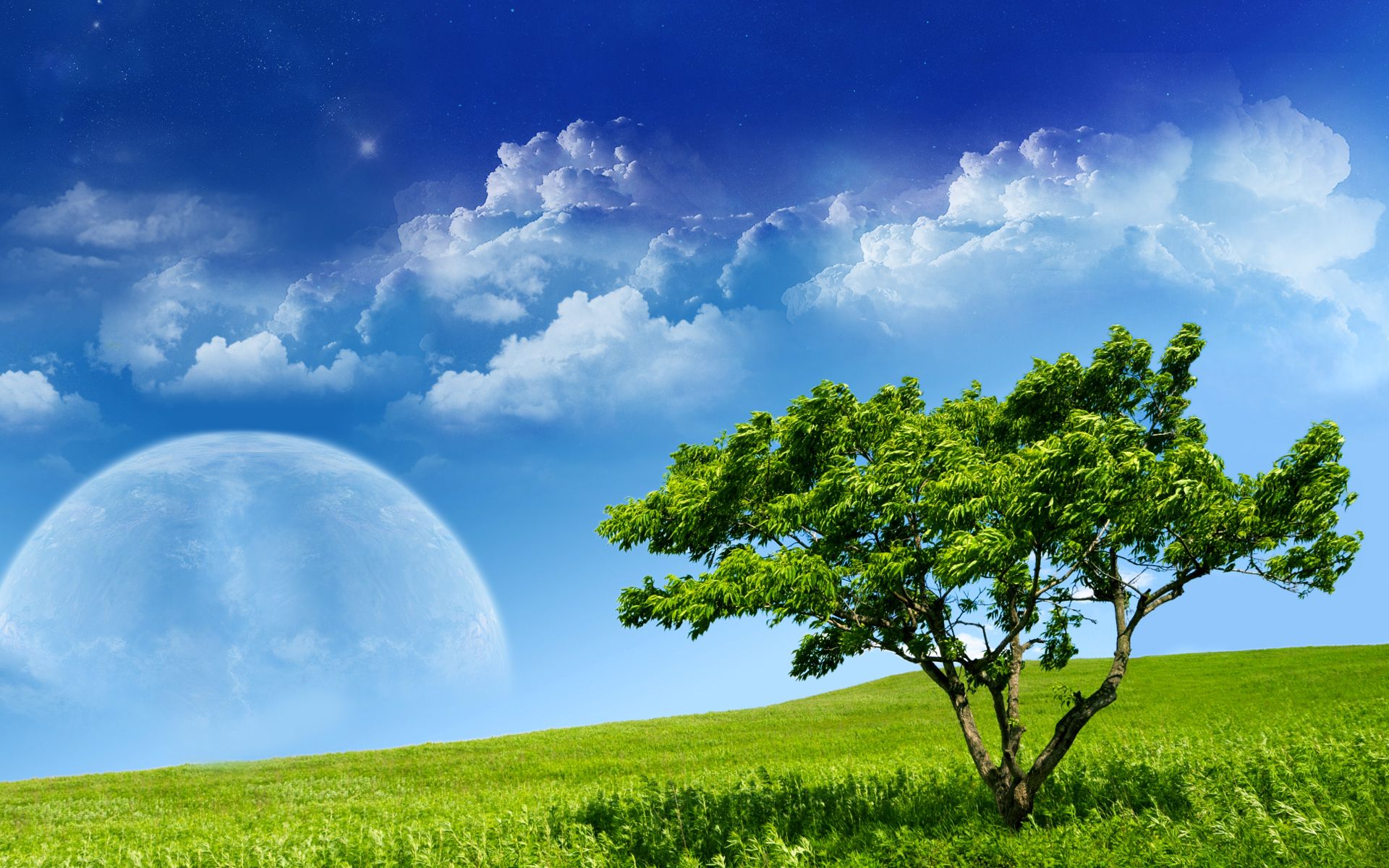 android landscape, moon, earth, a dreamy world, cloud, surreal, tree