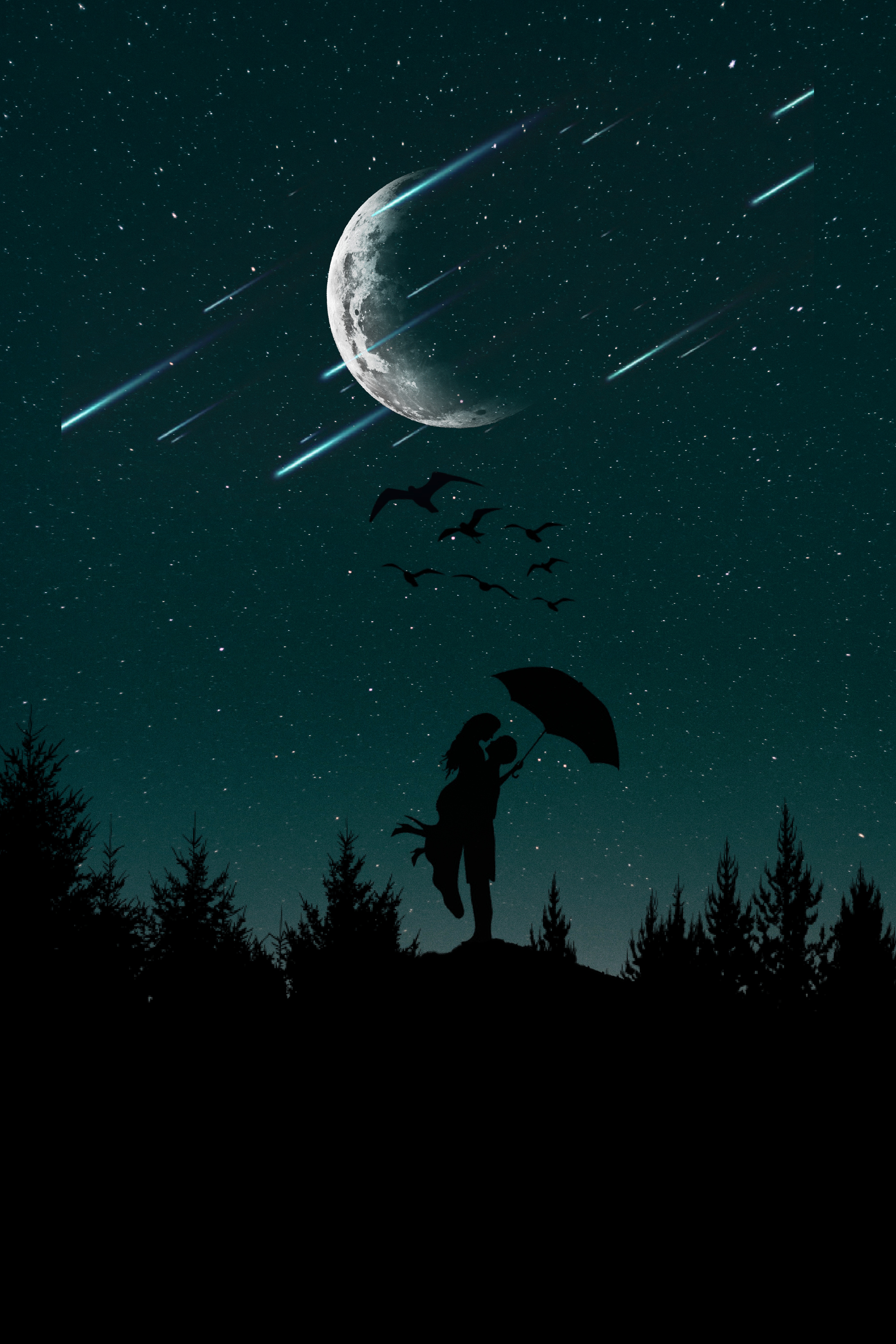love, couple, pair, moon, starry sky, trees, night, silhouettes, umbrella