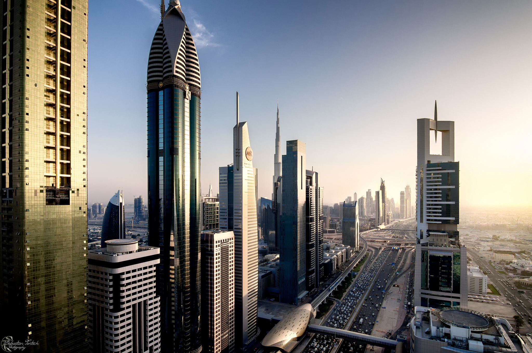 monorail, dubai, skyscraper, megapolis, traffic, rose tower, cityscape, man made, sheikh zayed avenue, united arab emirates, cities
