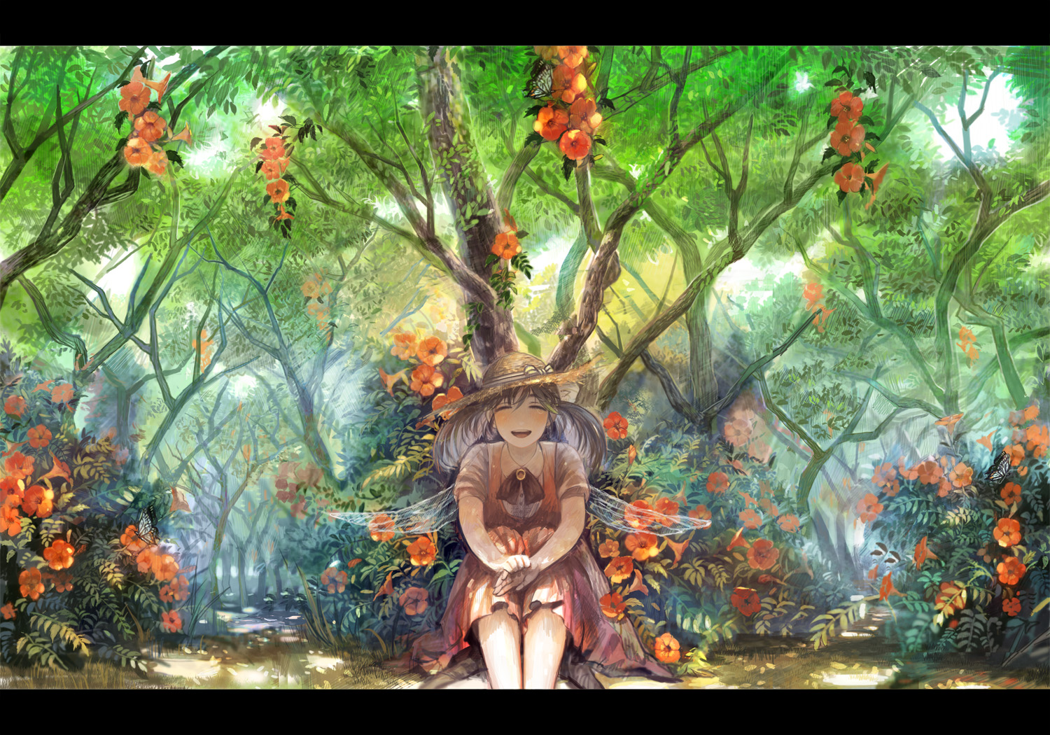 Аниме девушка цветы в лесу
