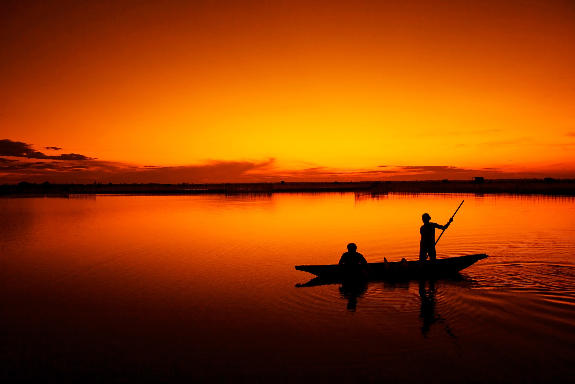 fisherman, photography, boat, lagoon, orange (color), people, sunset, vietnam